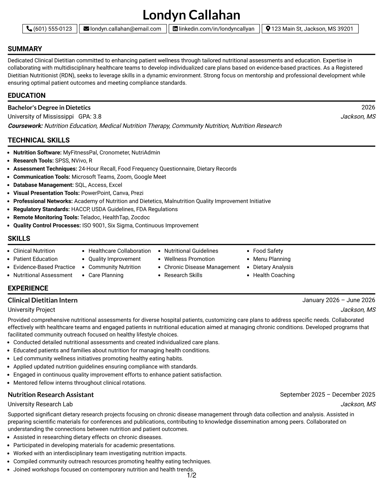 Resume Example Page 1