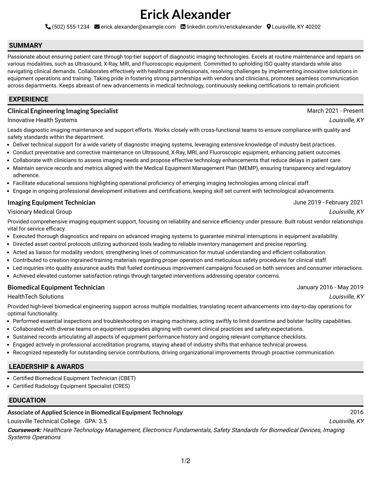 Resume Example Page 1