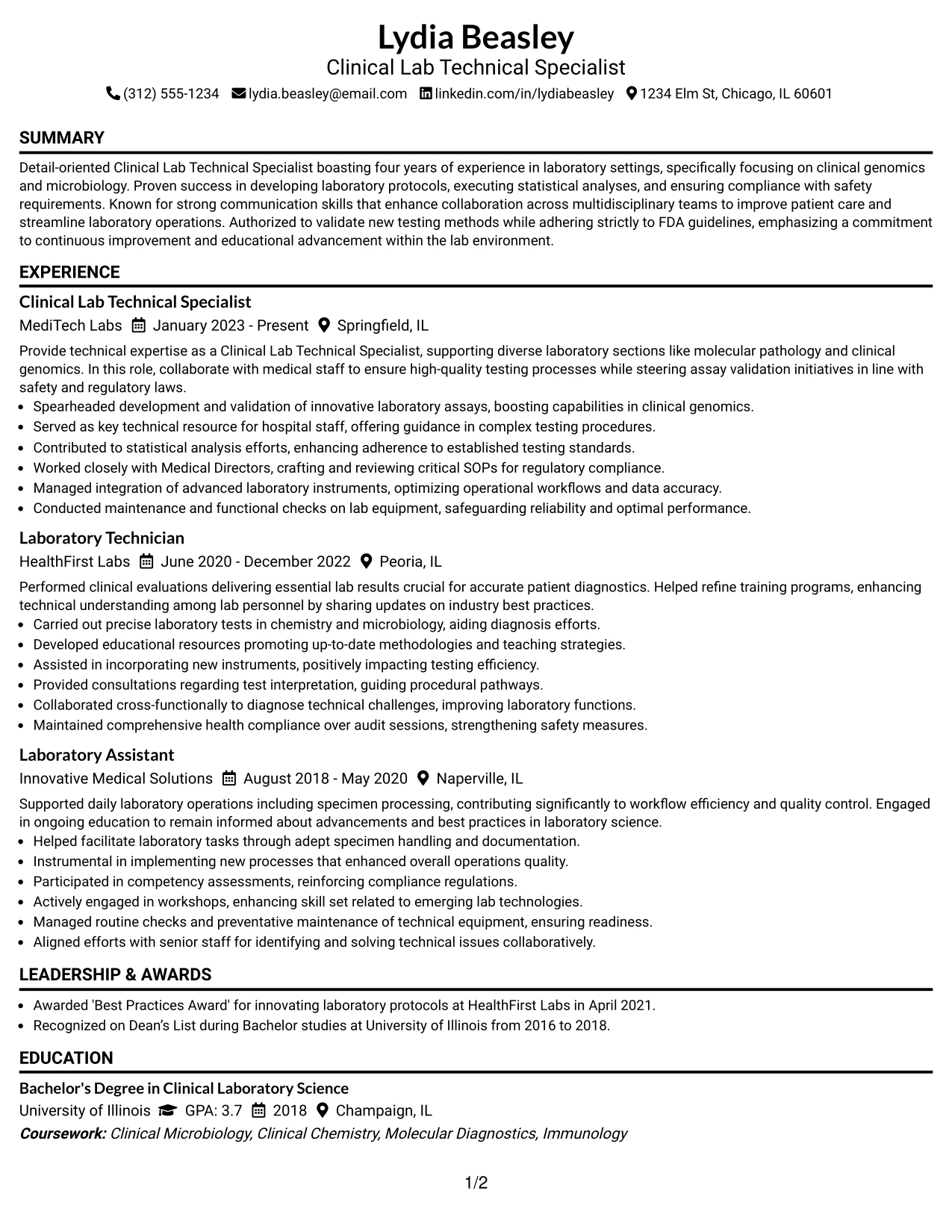 Resume Example Page 1