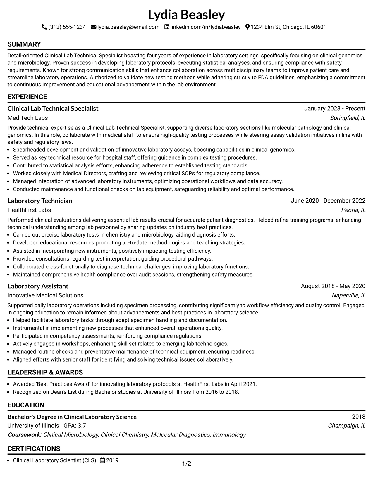 Resume Example Page 1