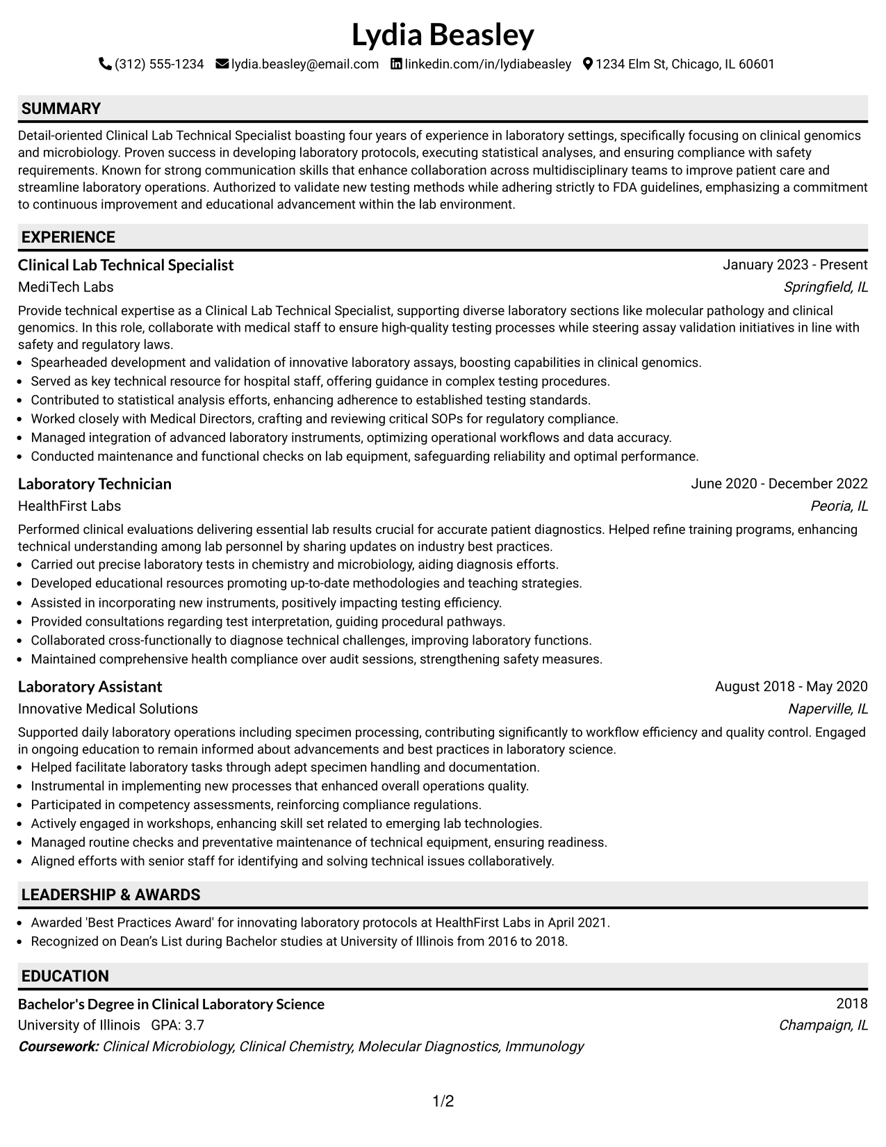 Resume Example Page 1