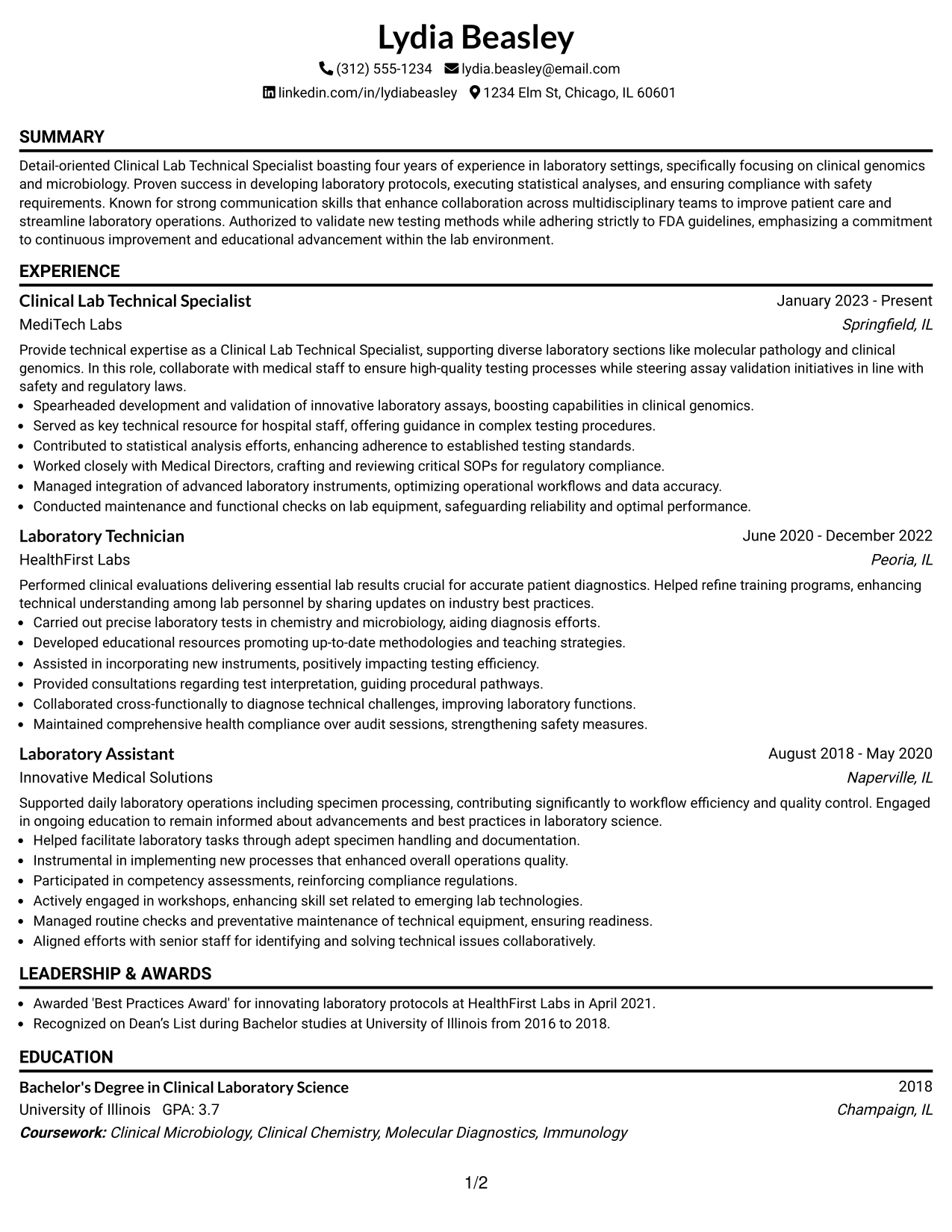 Resume Example Page 1