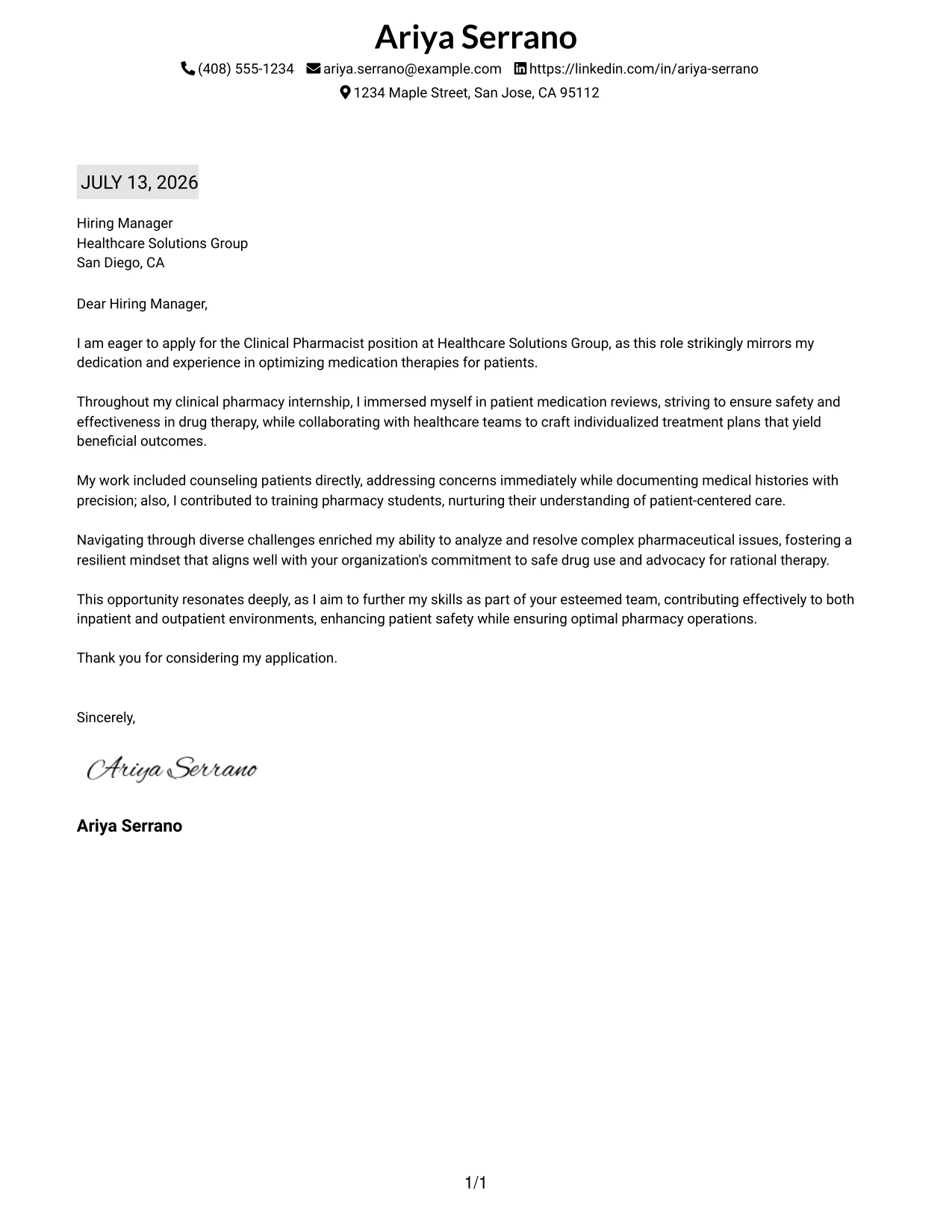 Resume Example Page 1