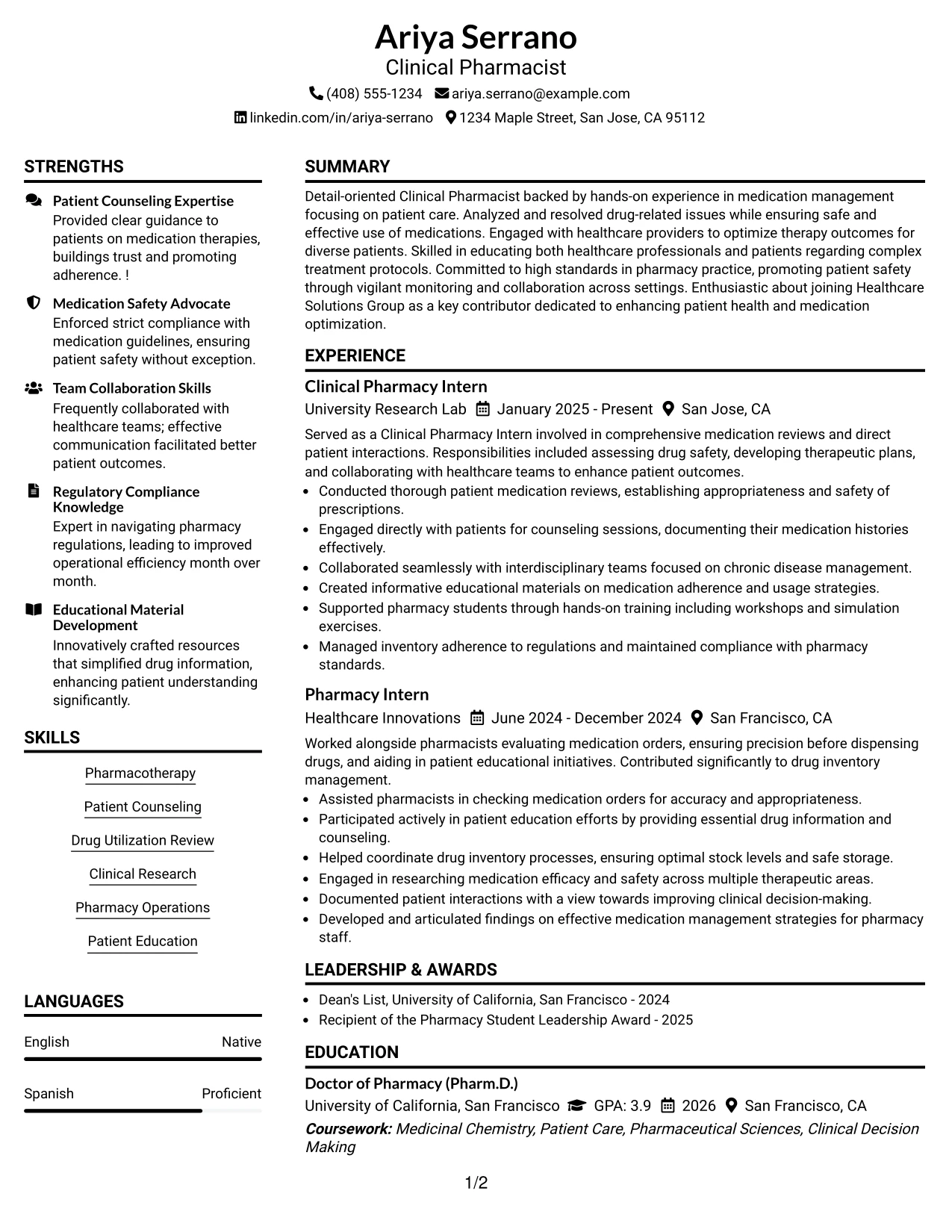 Resume Example Page 1