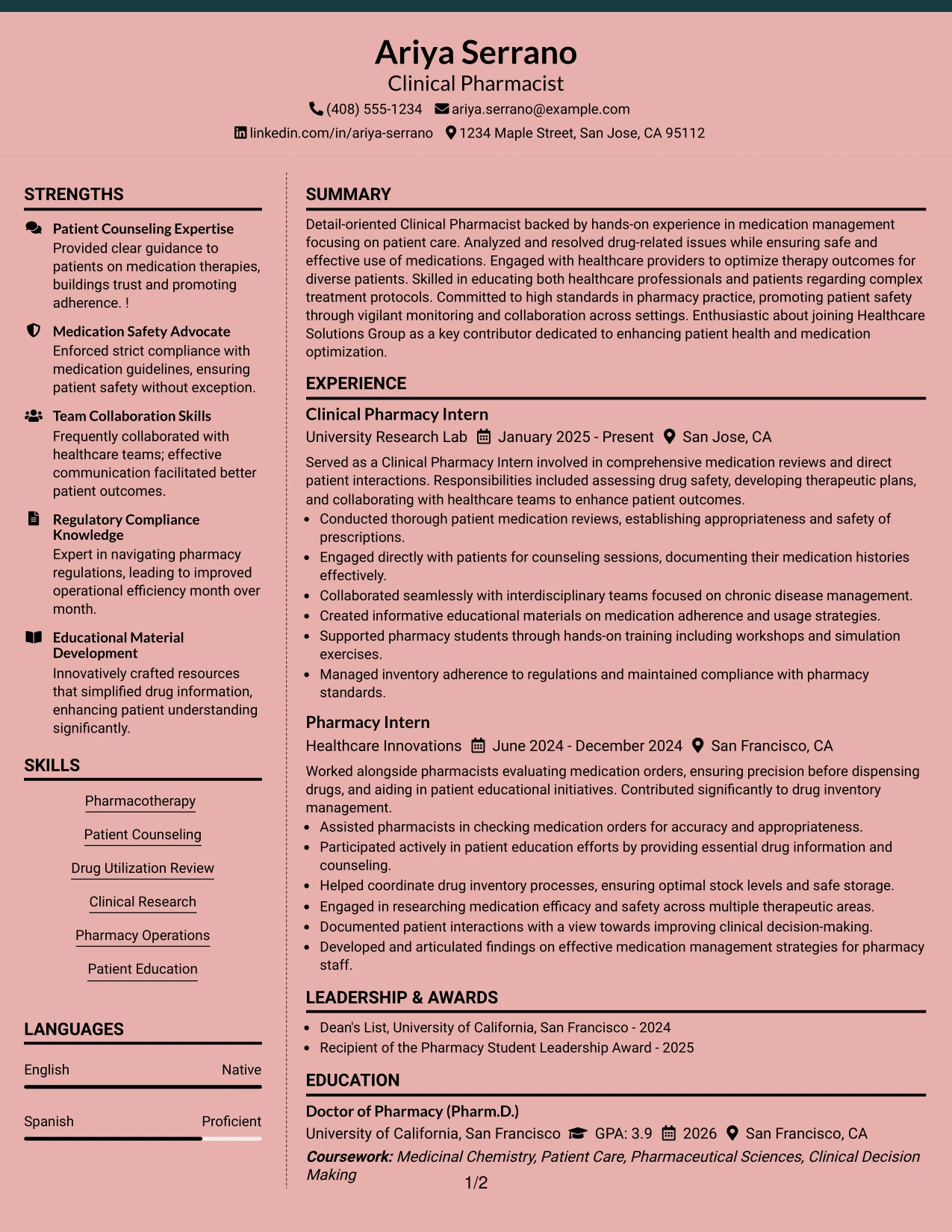 Resume Example Page 1
