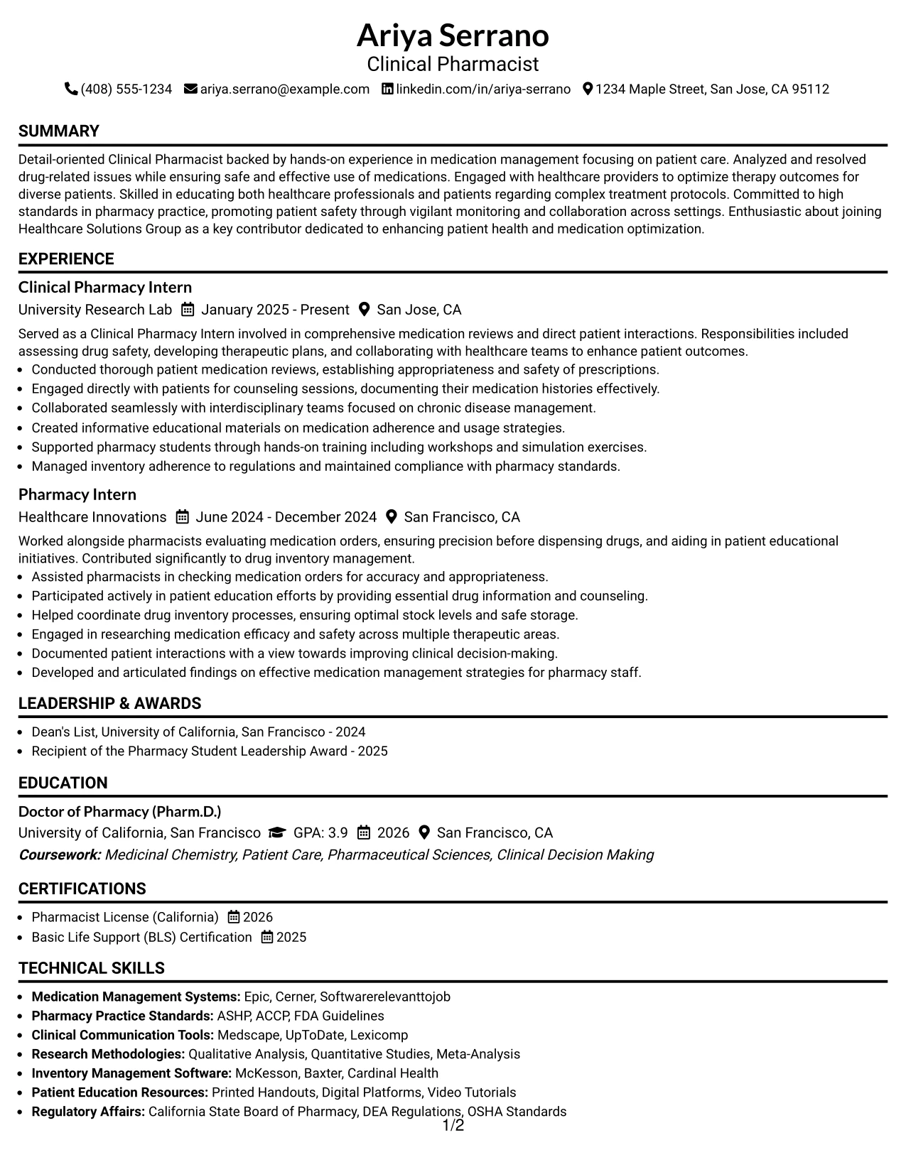 Resume Example Page 1