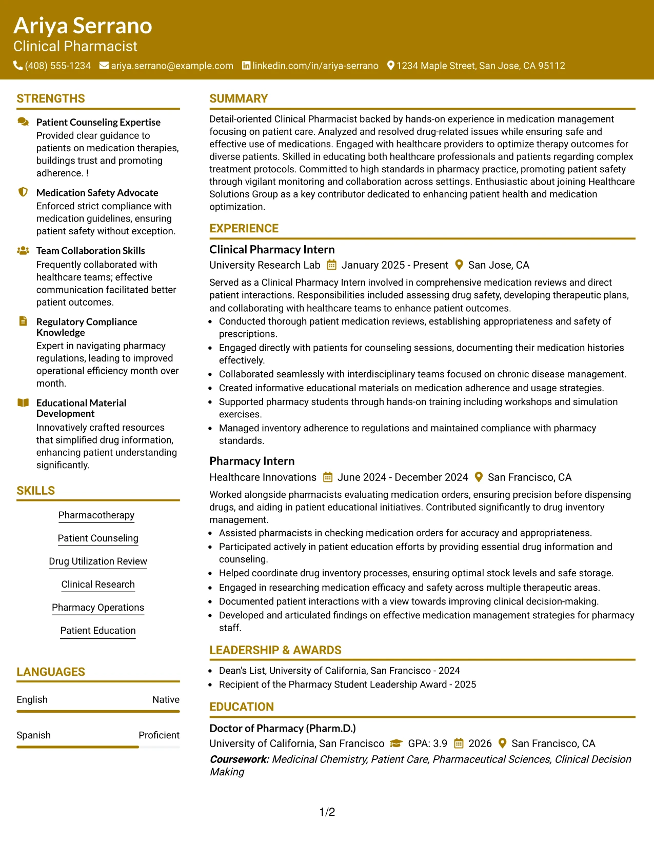 Resume Example Page 1