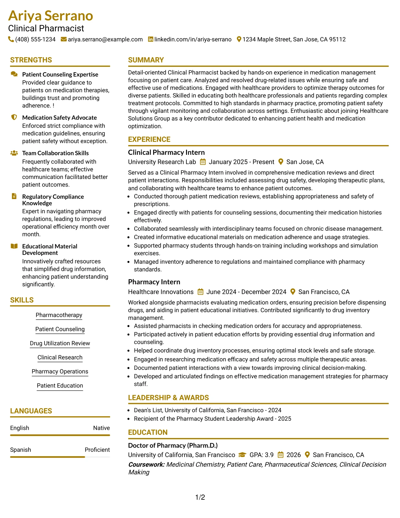Resume Example Page 1