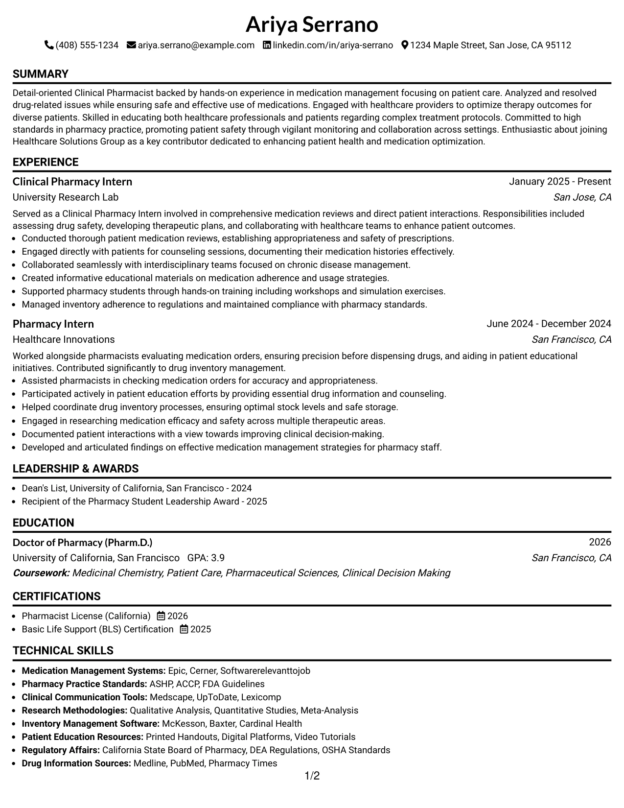 Resume Example Page 1