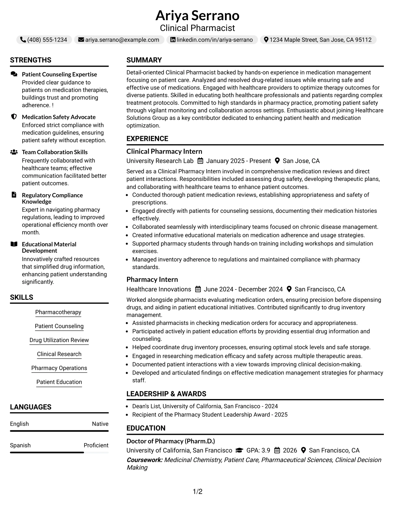 Resume Example Page 1