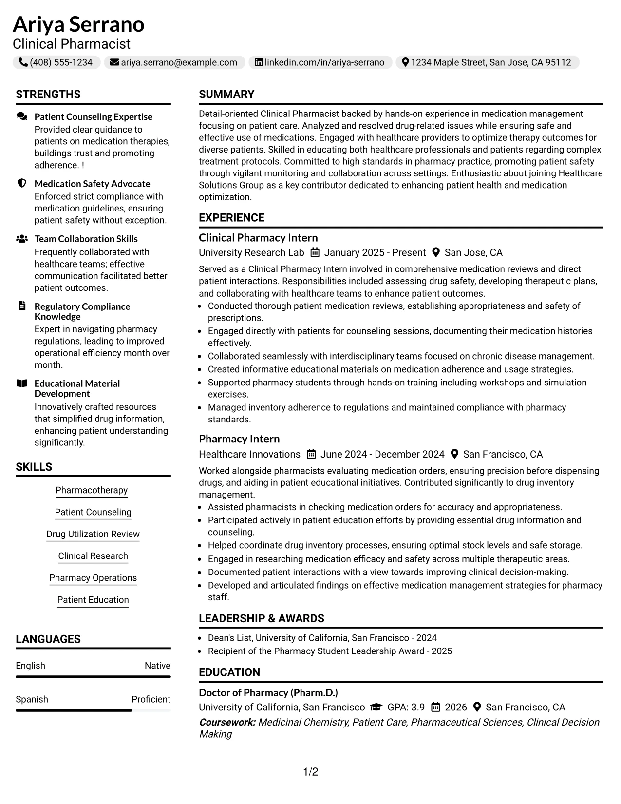 Resume Example Page 1