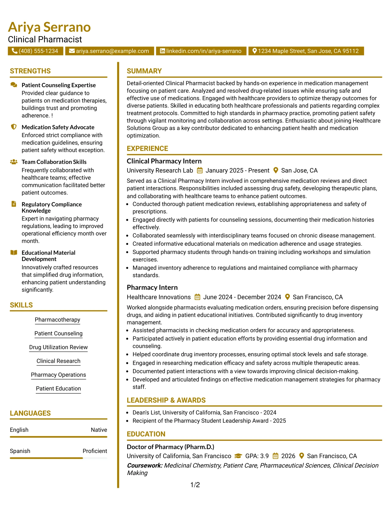 Resume Example Page 1