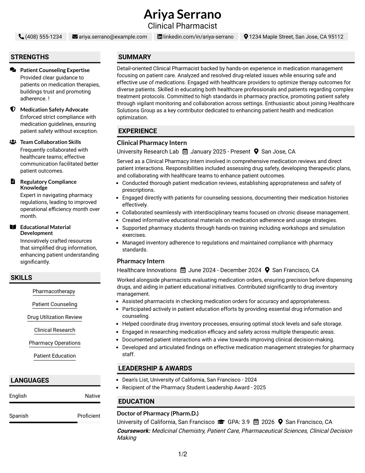 Resume Example Page 1