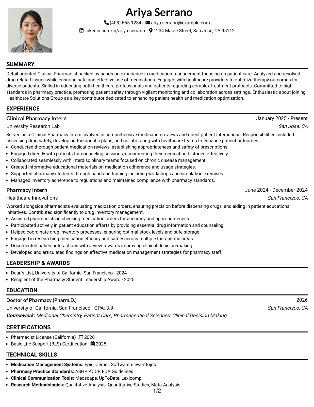 Resume Example Page 1