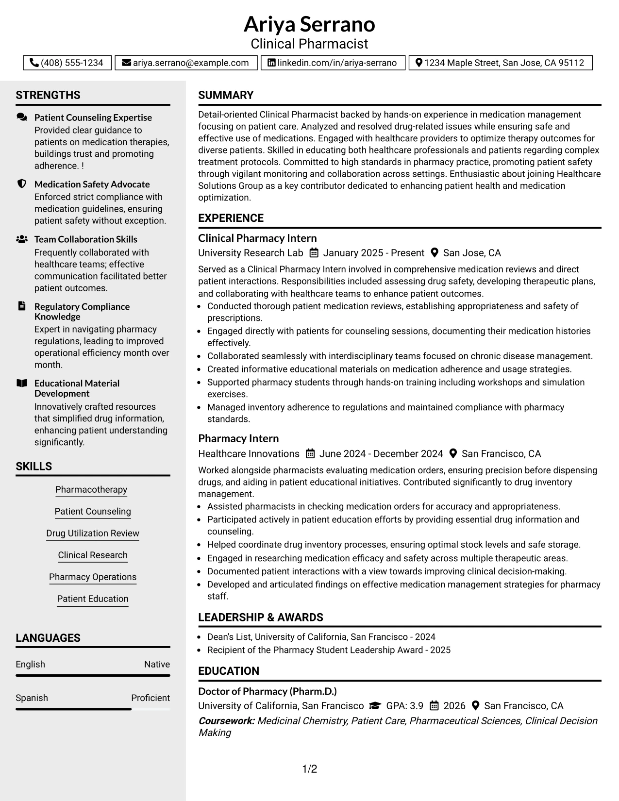 Resume Example Page 1