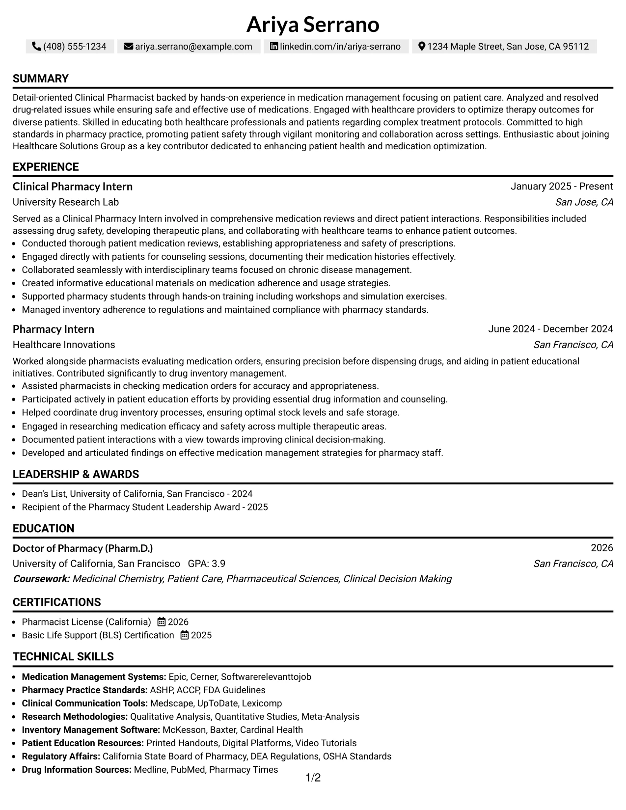 Resume Example Page 1