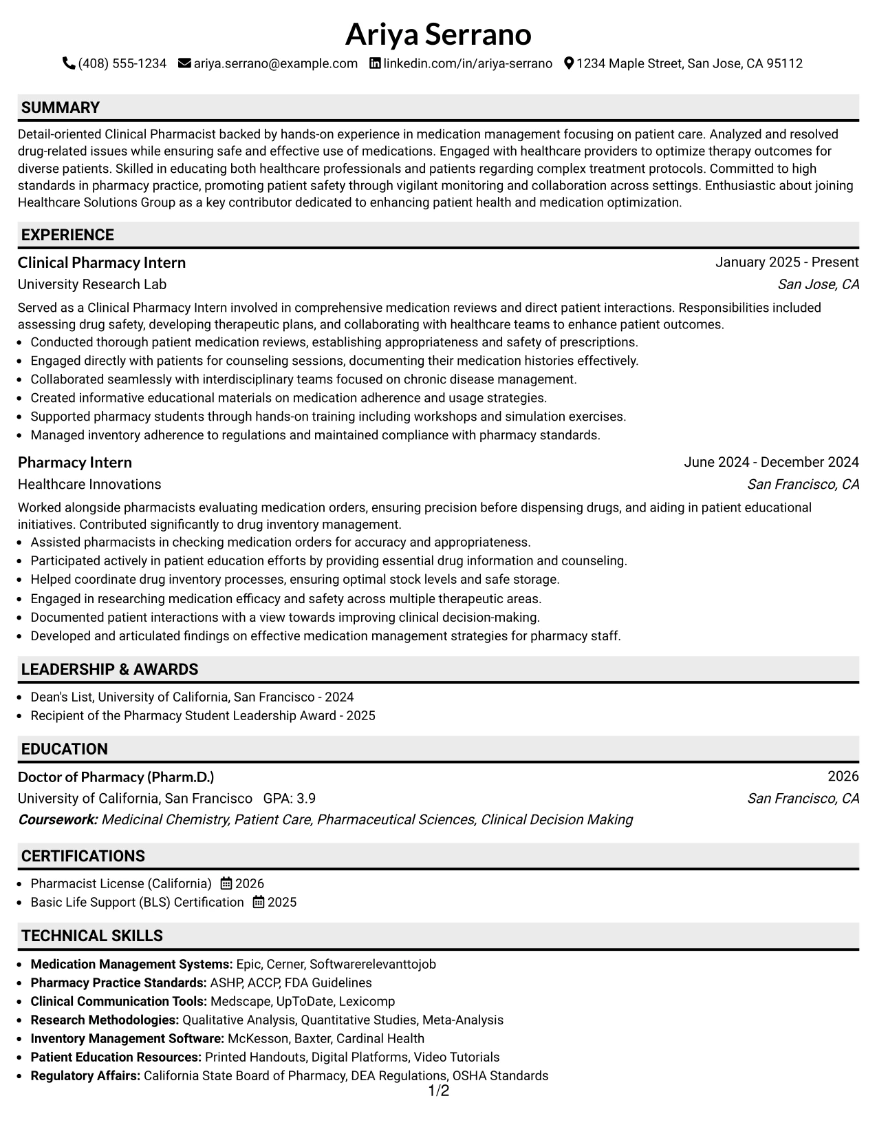 Resume Example Page 1