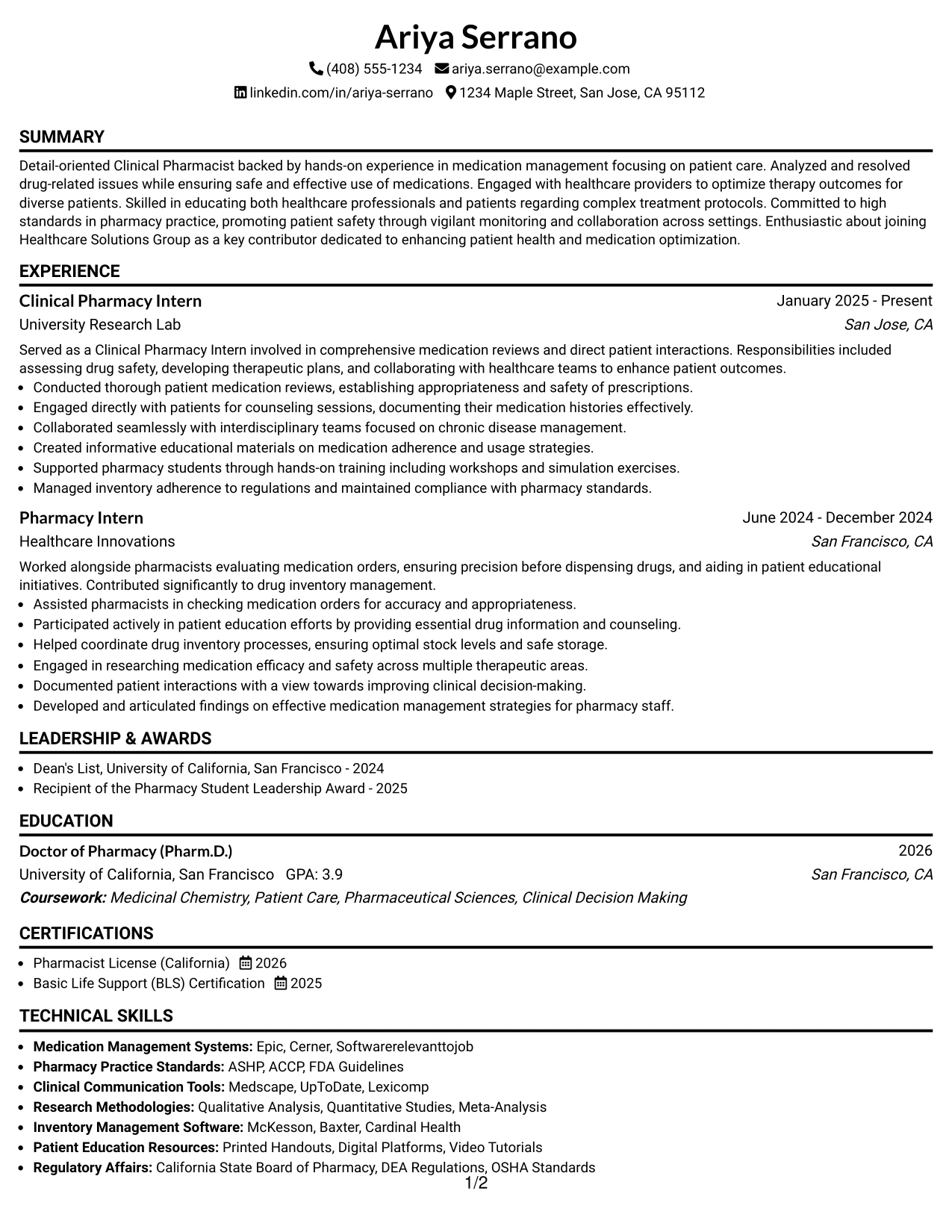 Resume Example Page 1