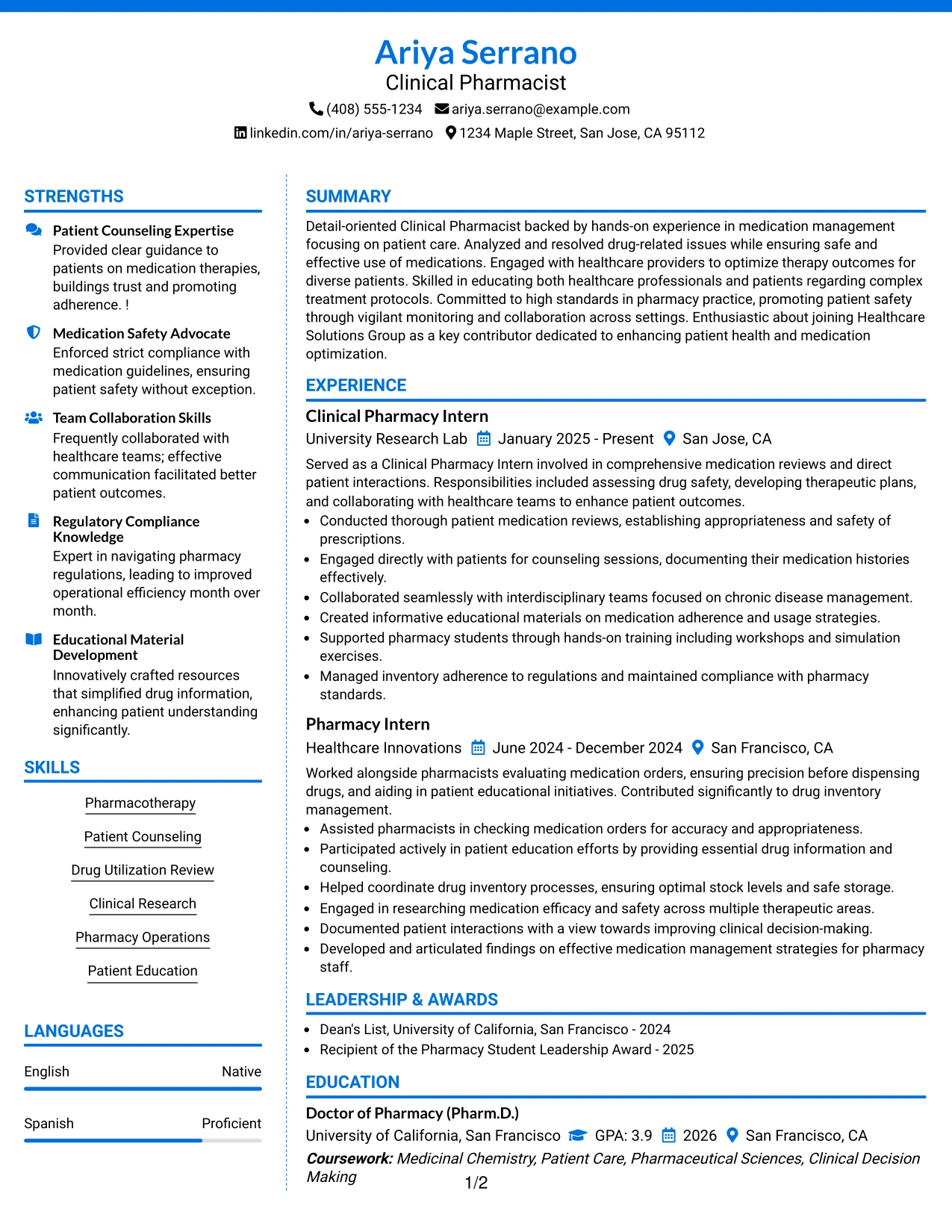 Resume Example Page 1