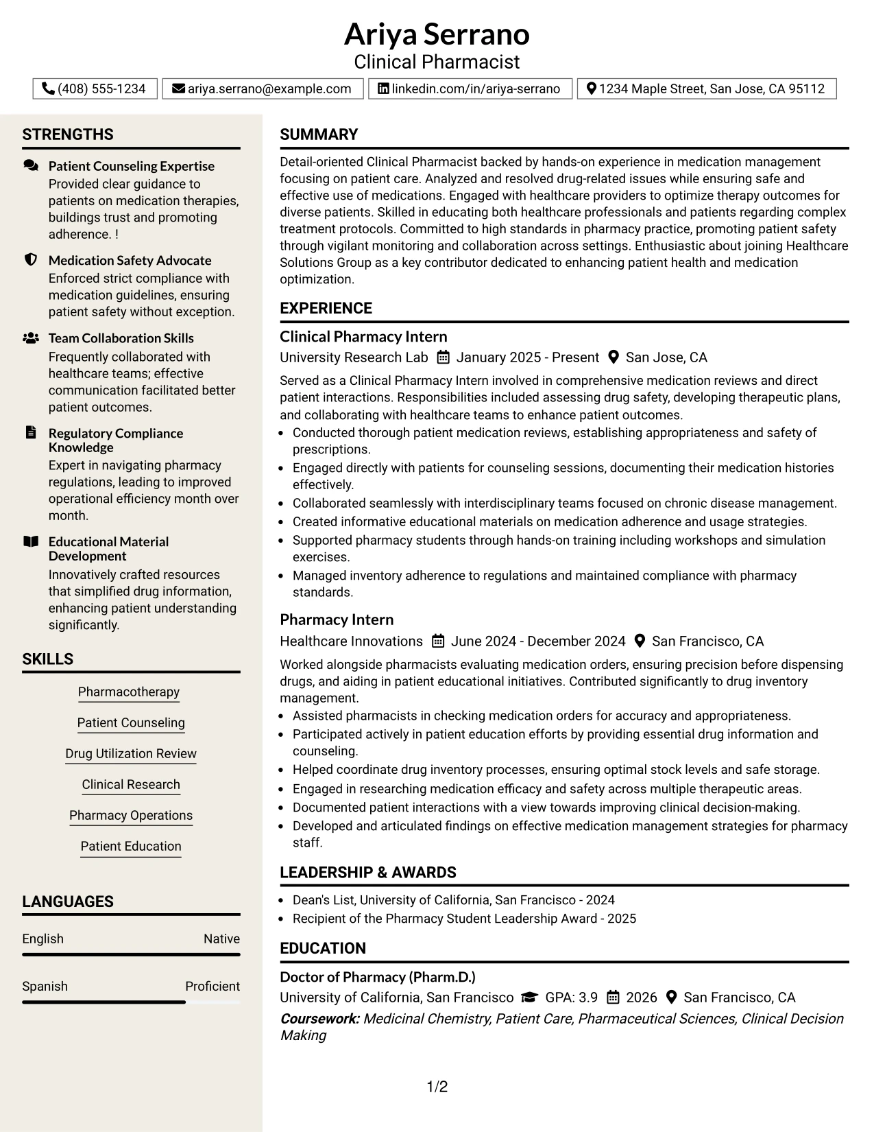 Resume Example Page 1