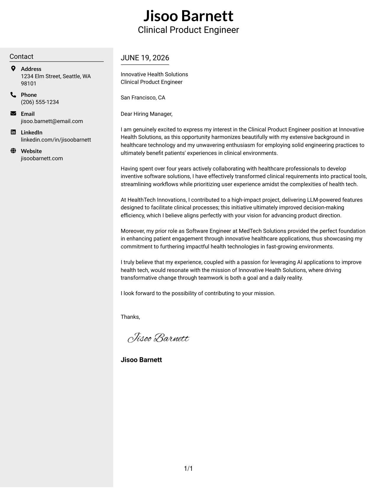 Resume Example Page 1