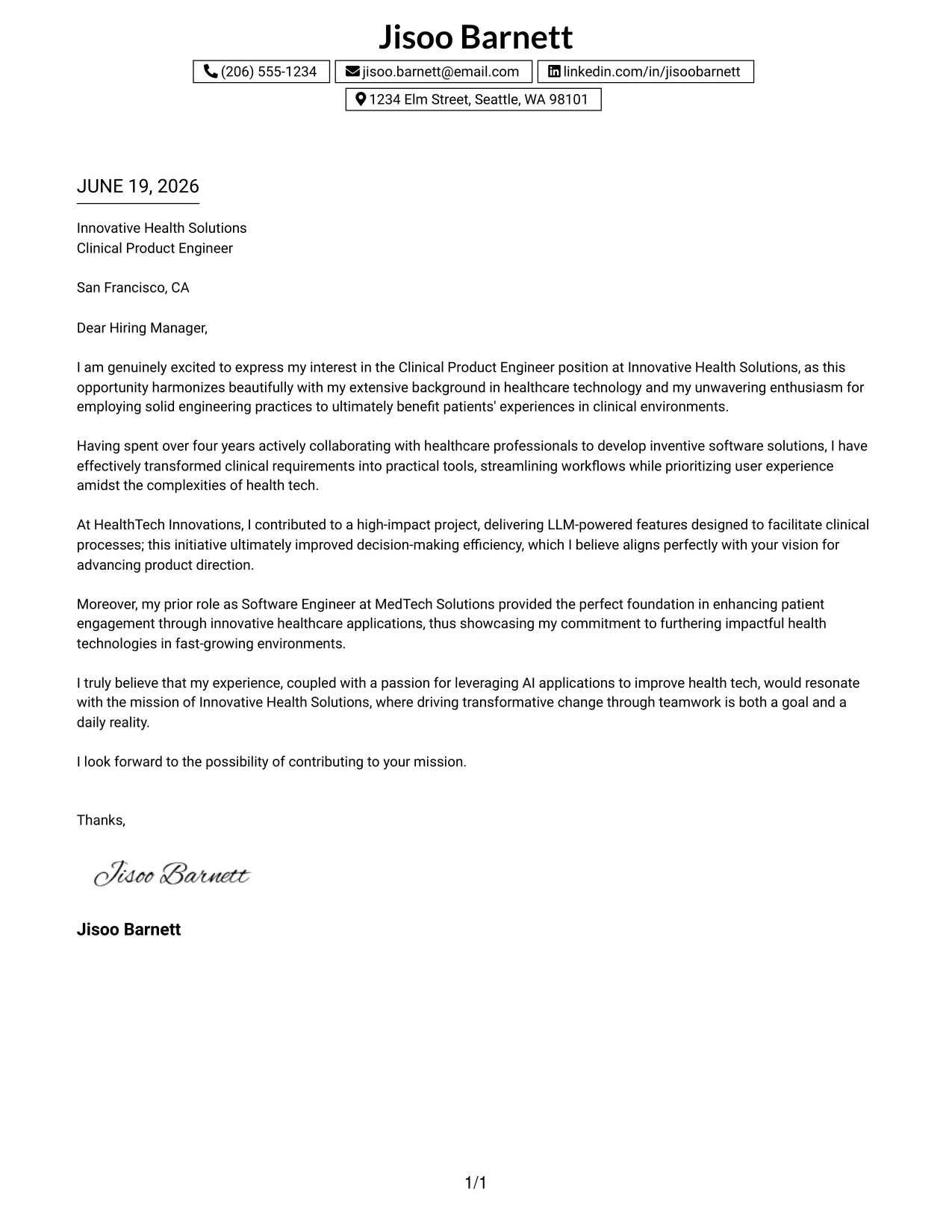 Resume Example Page 1