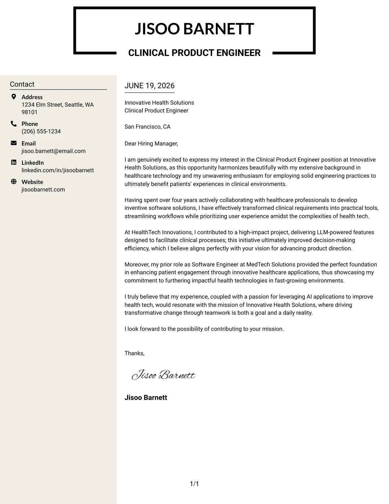 Resume Example Page 1