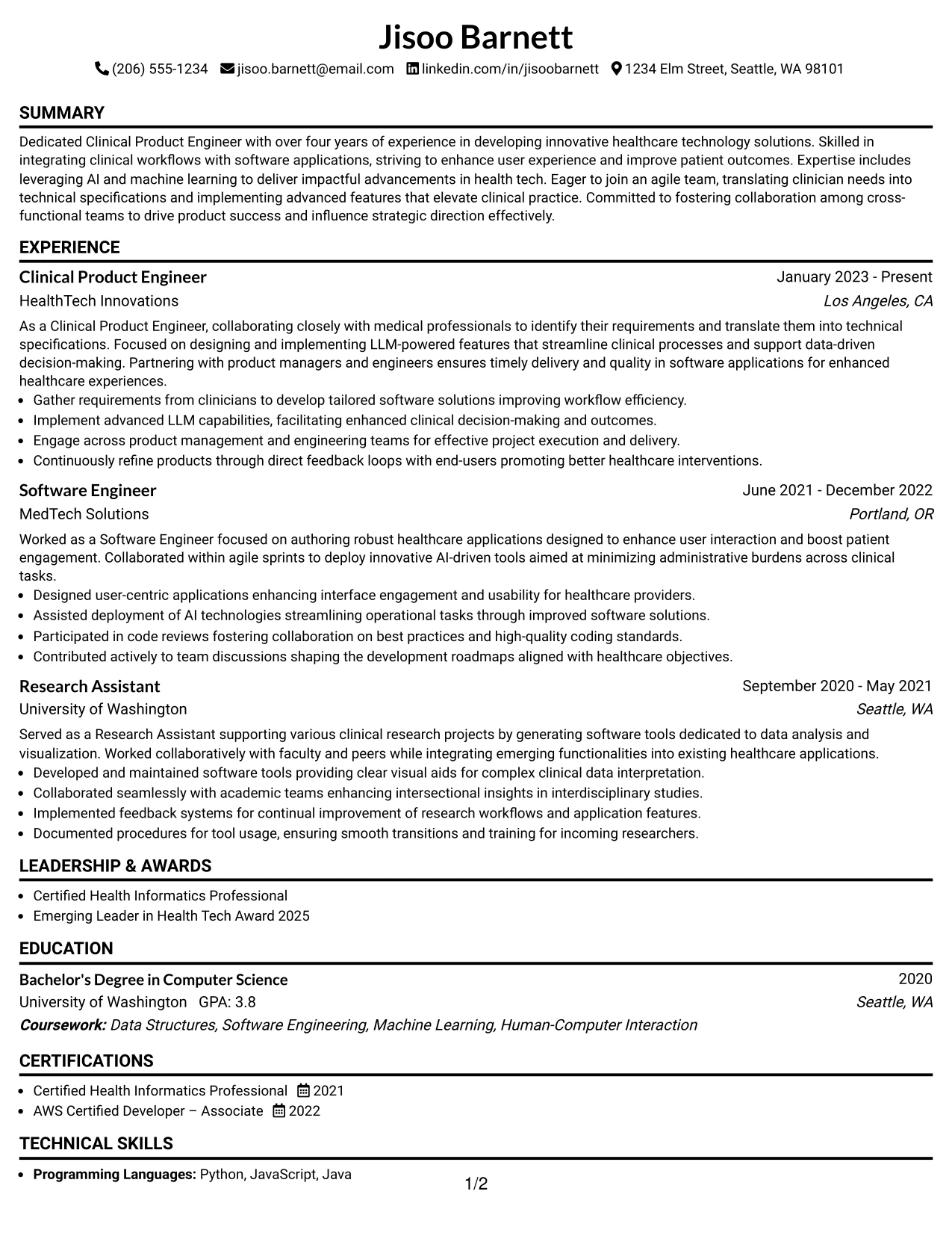 Resume Example Page 1
