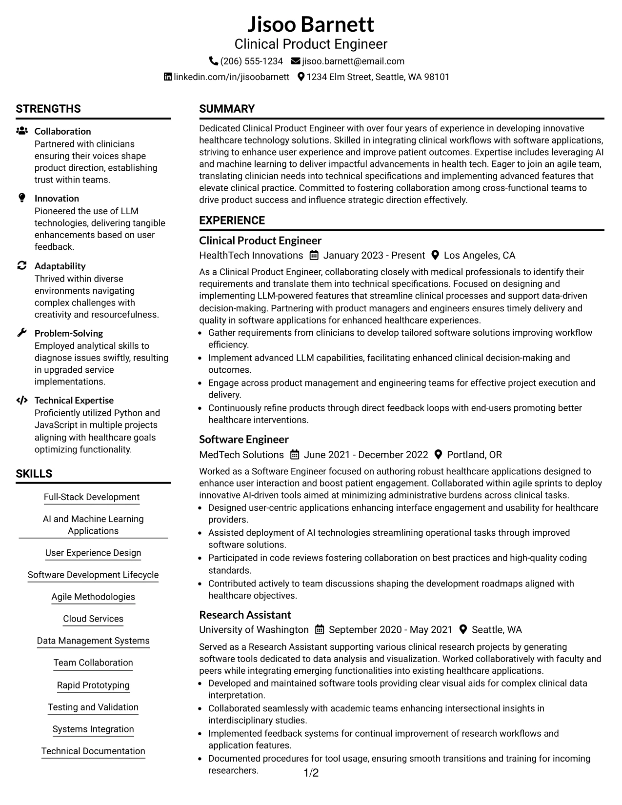 Resume Example Page 1