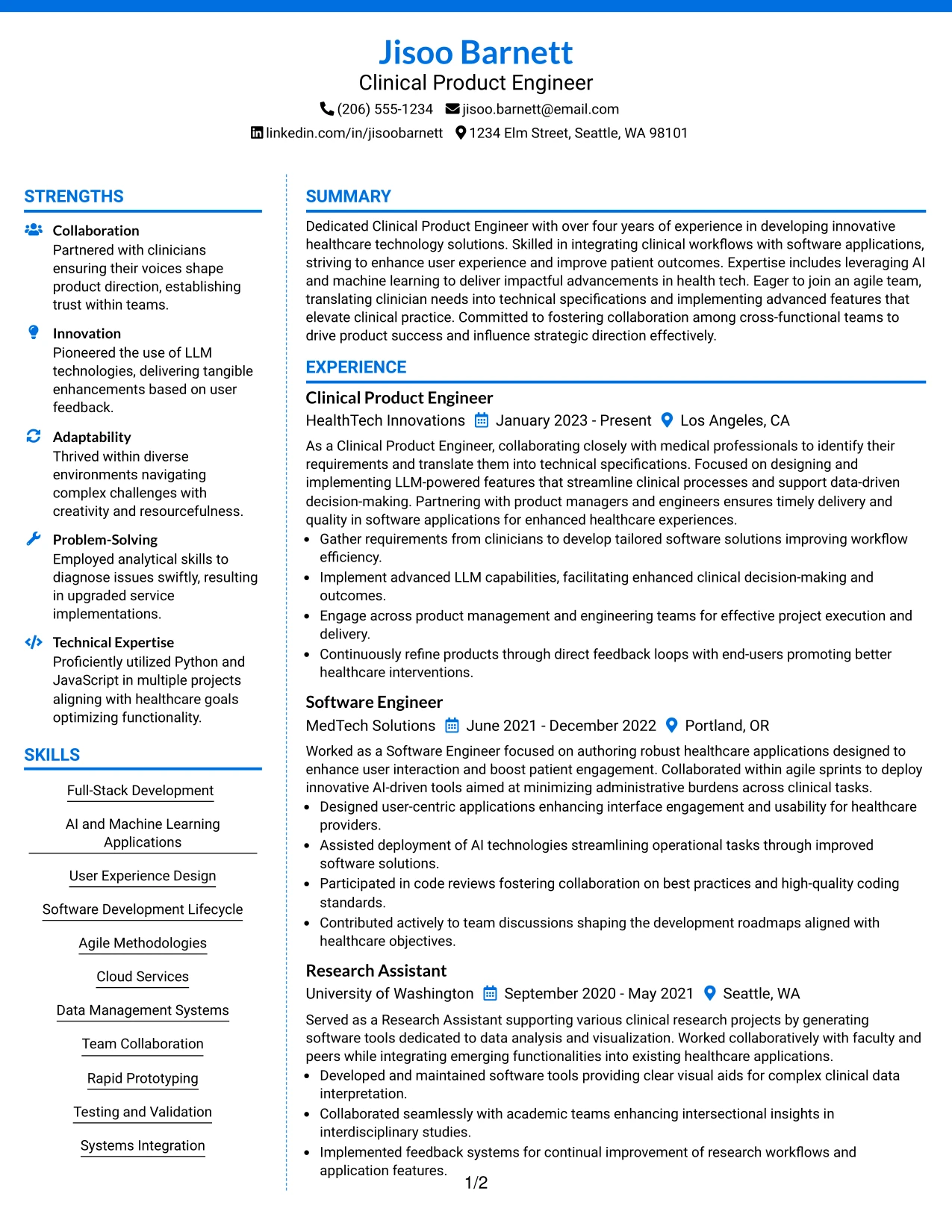 Resume Example Page 1
