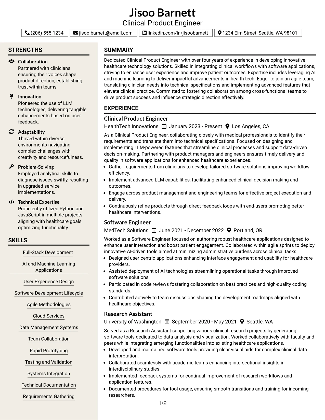 Resume Example Page 1