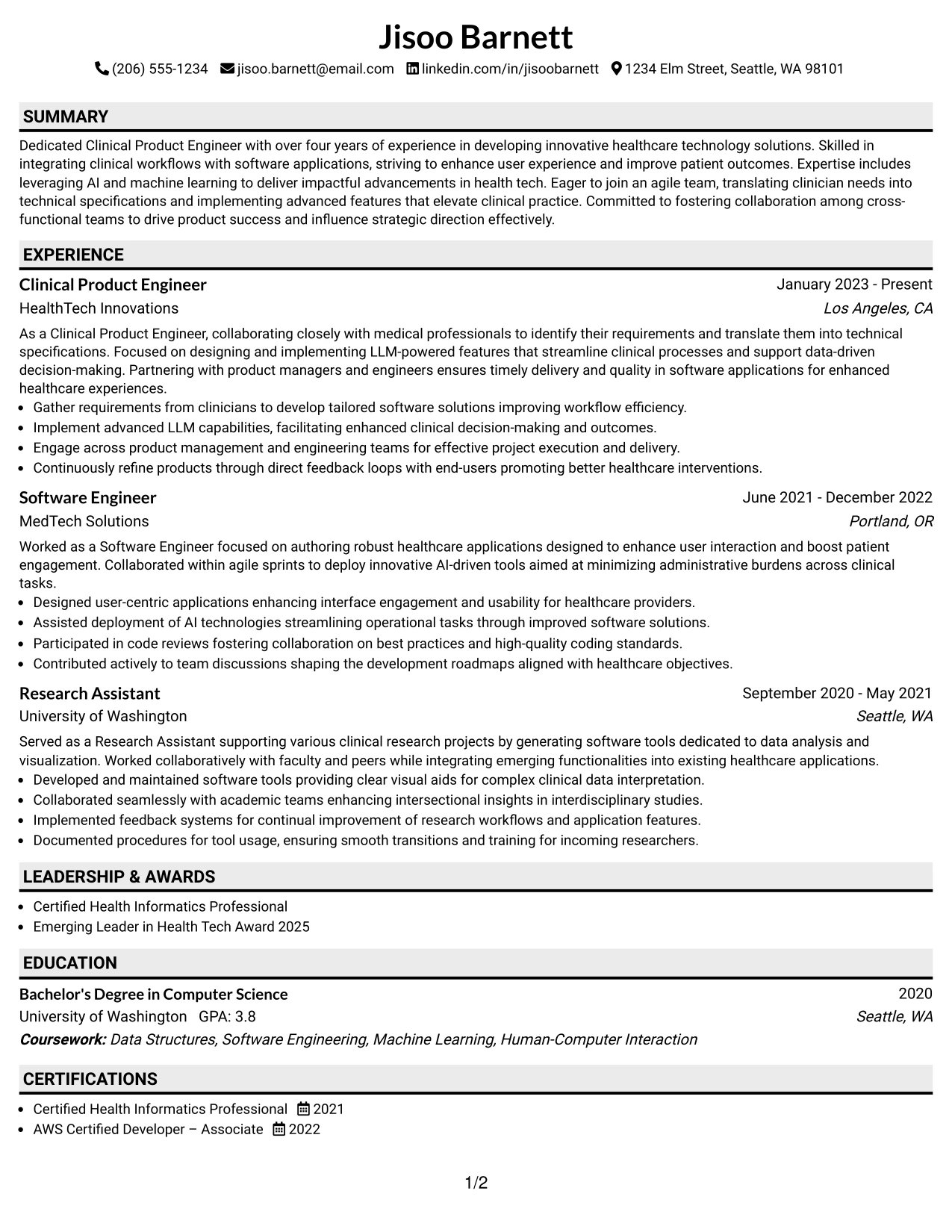 Resume Example Page 1