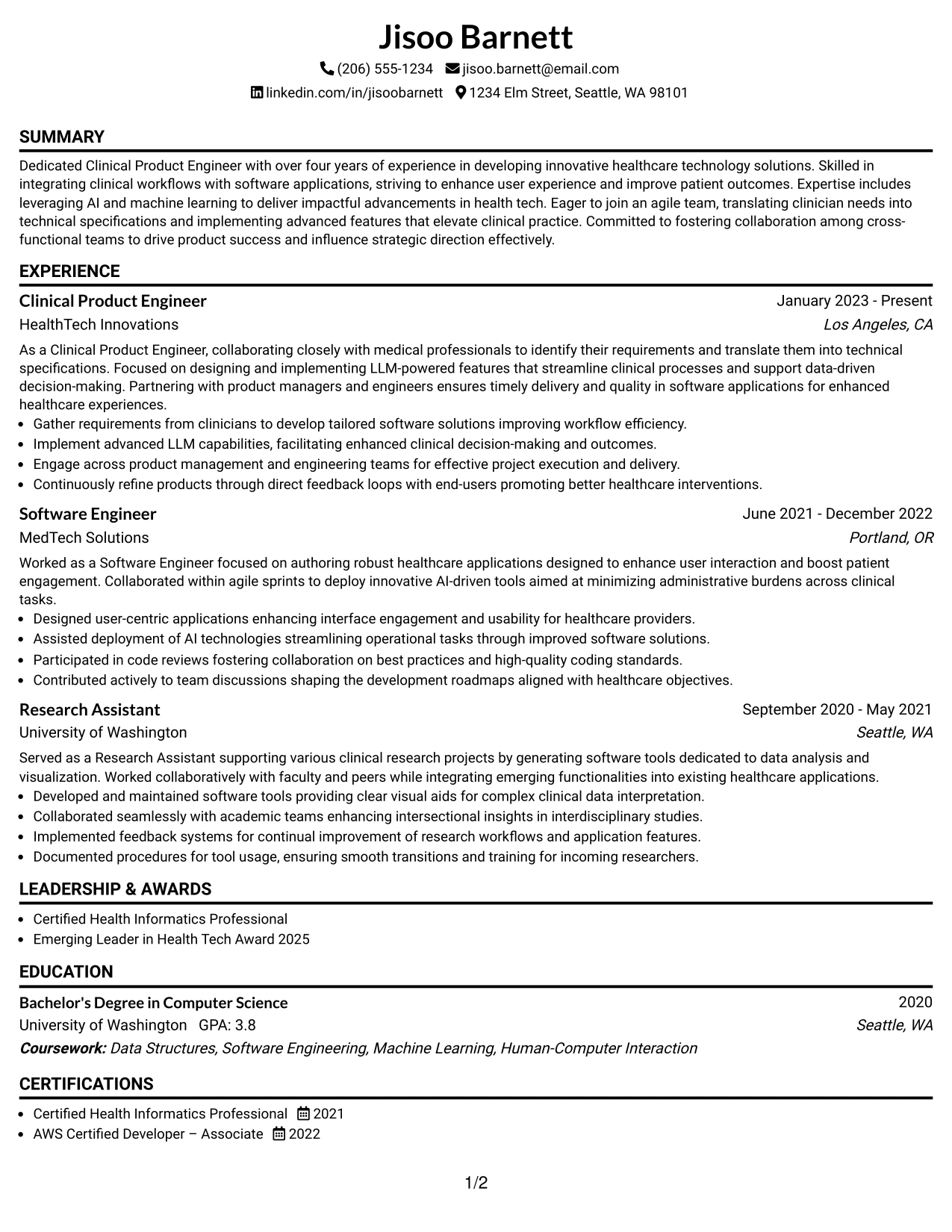 Resume Example Page 1