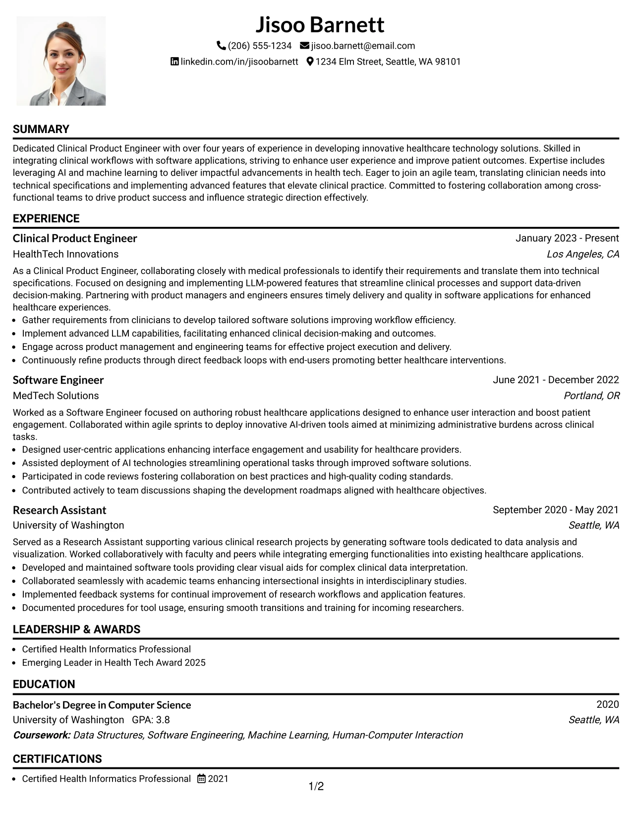 Resume Example Page 1
