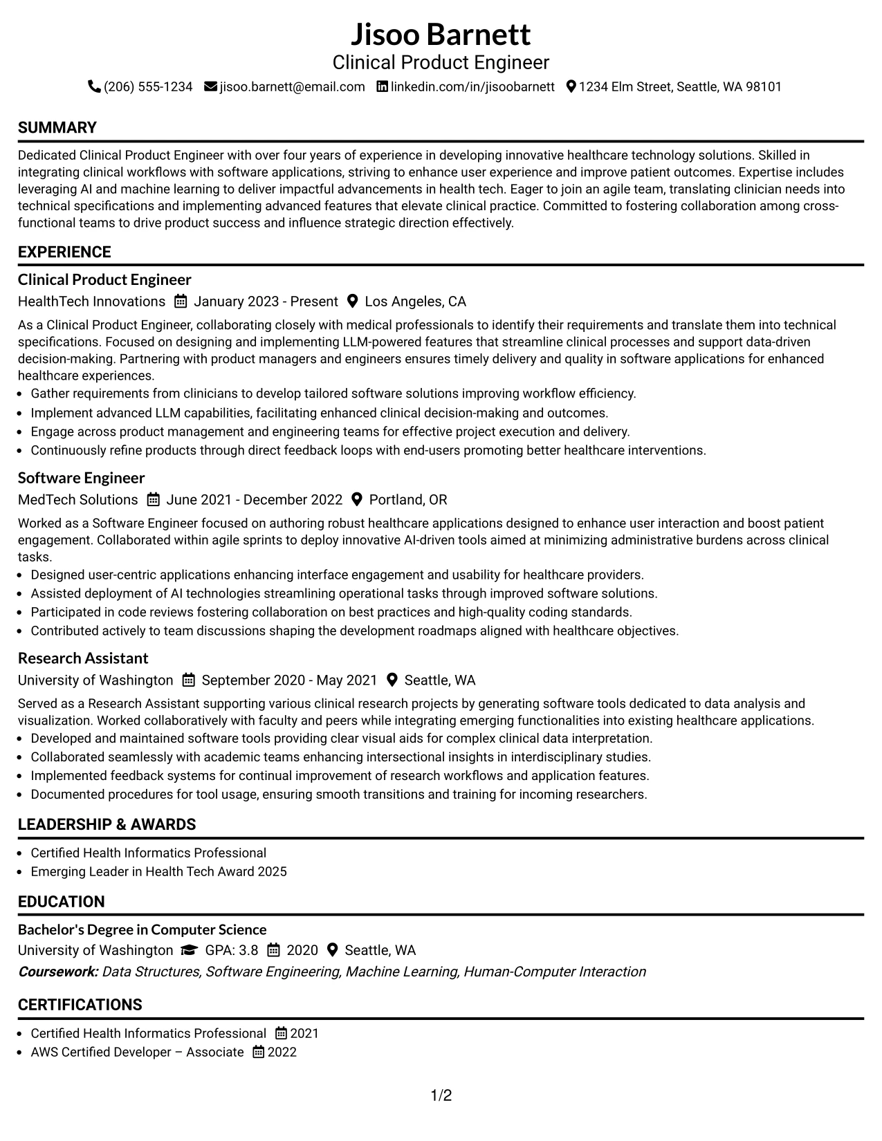 Resume Example Page 1