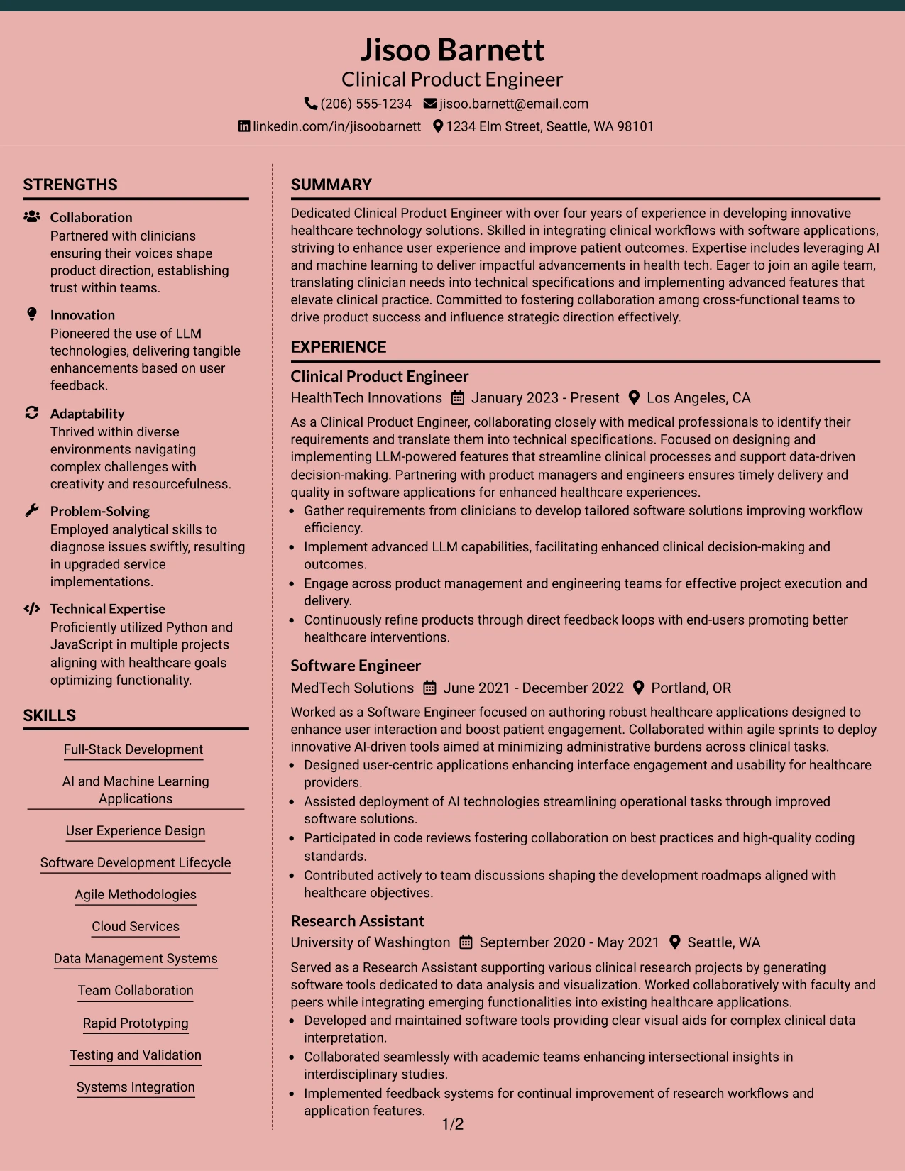 Resume Example Page 1