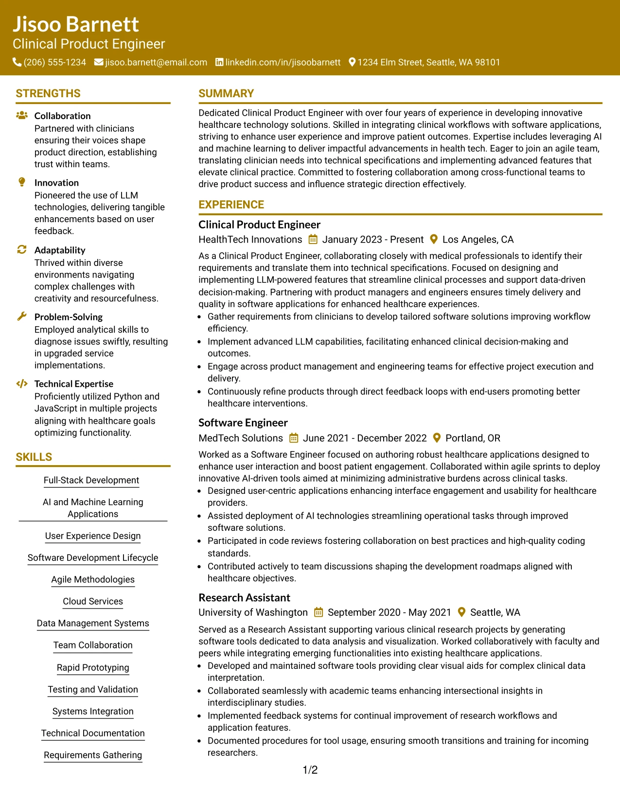 Resume Example Page 1