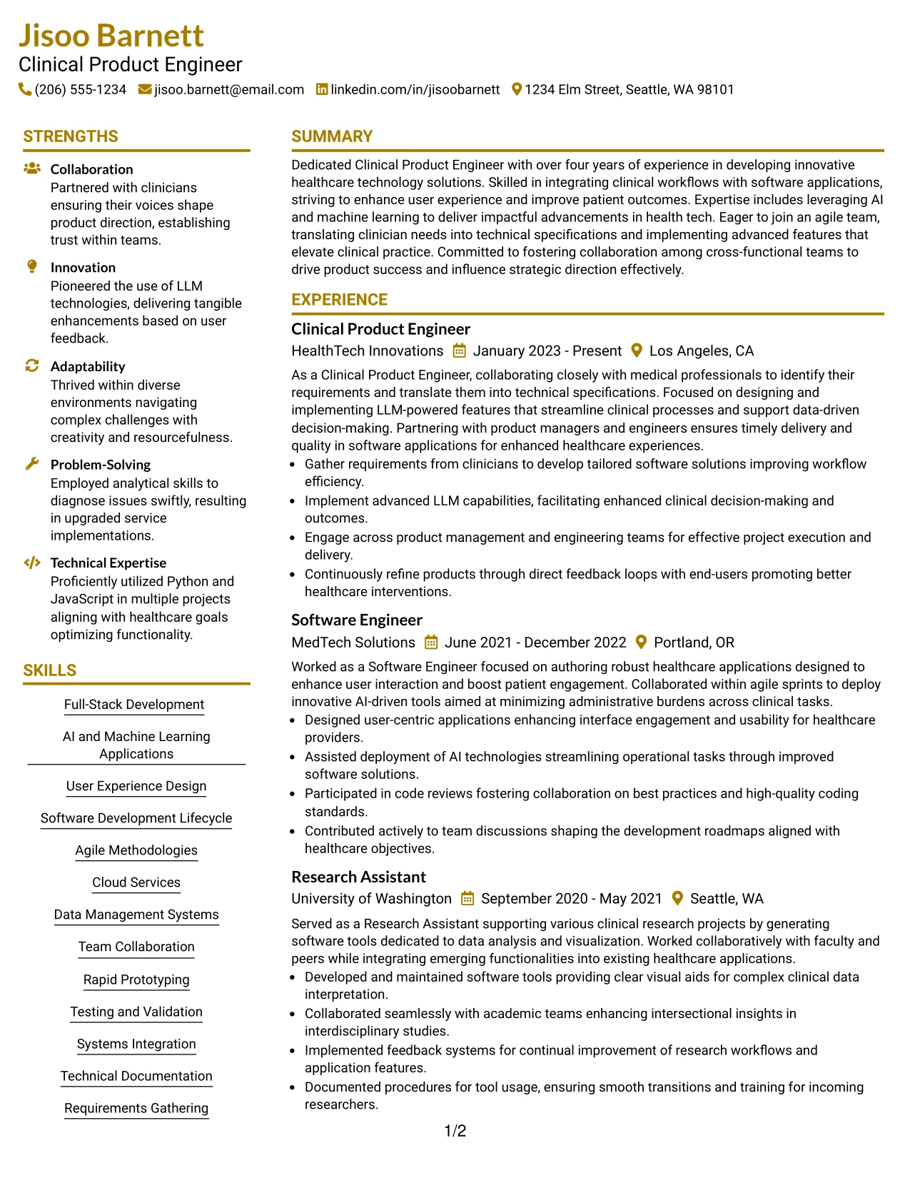 Resume Example Page 1