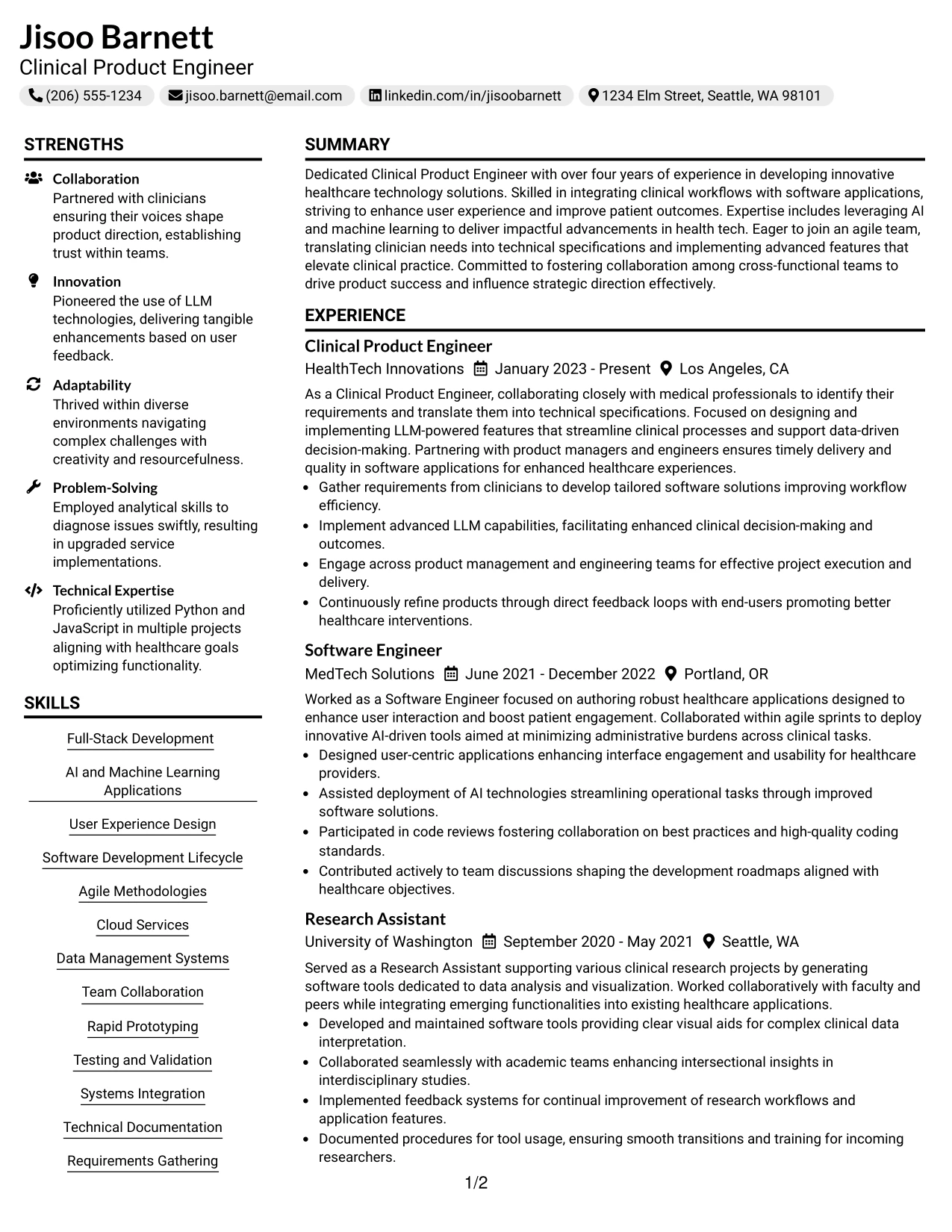 Resume Example Page 1