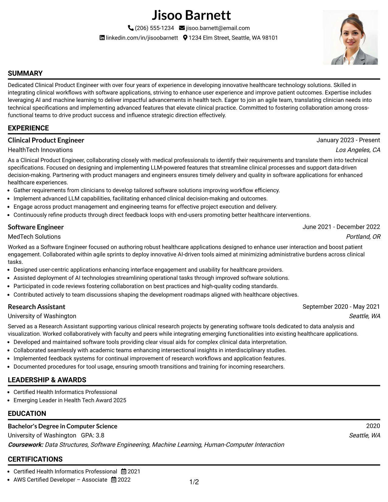 Resume Example Page 1