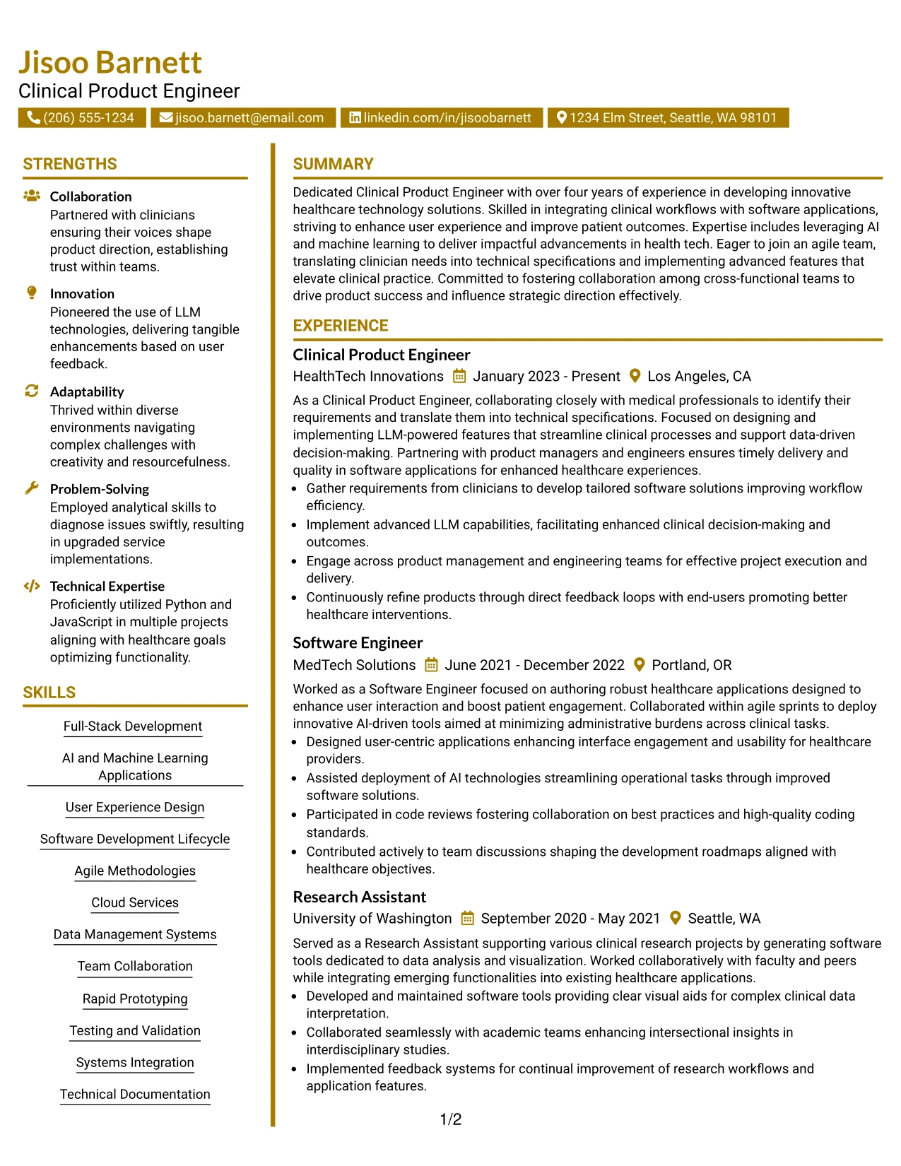 Resume Example Page 1