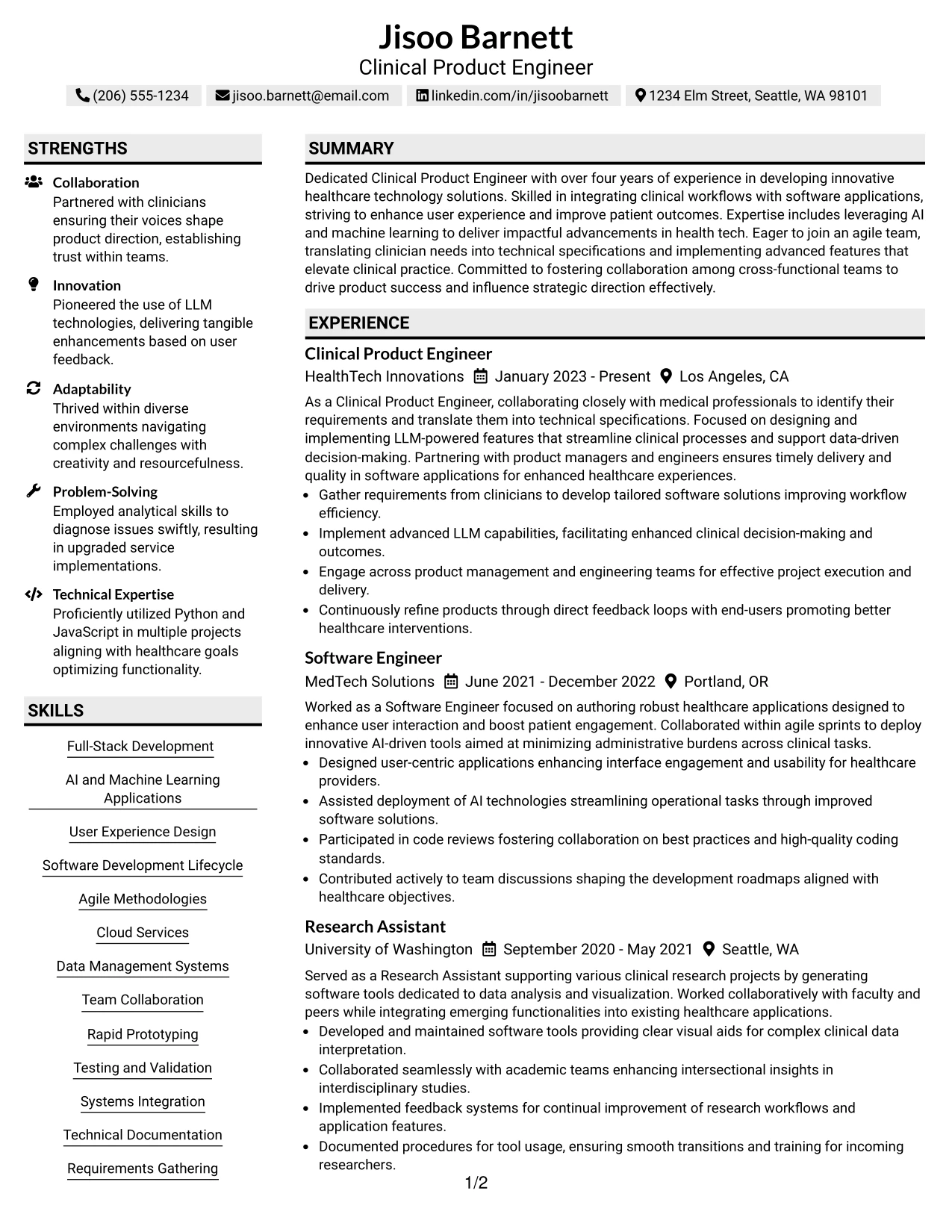 Resume Example Page 1