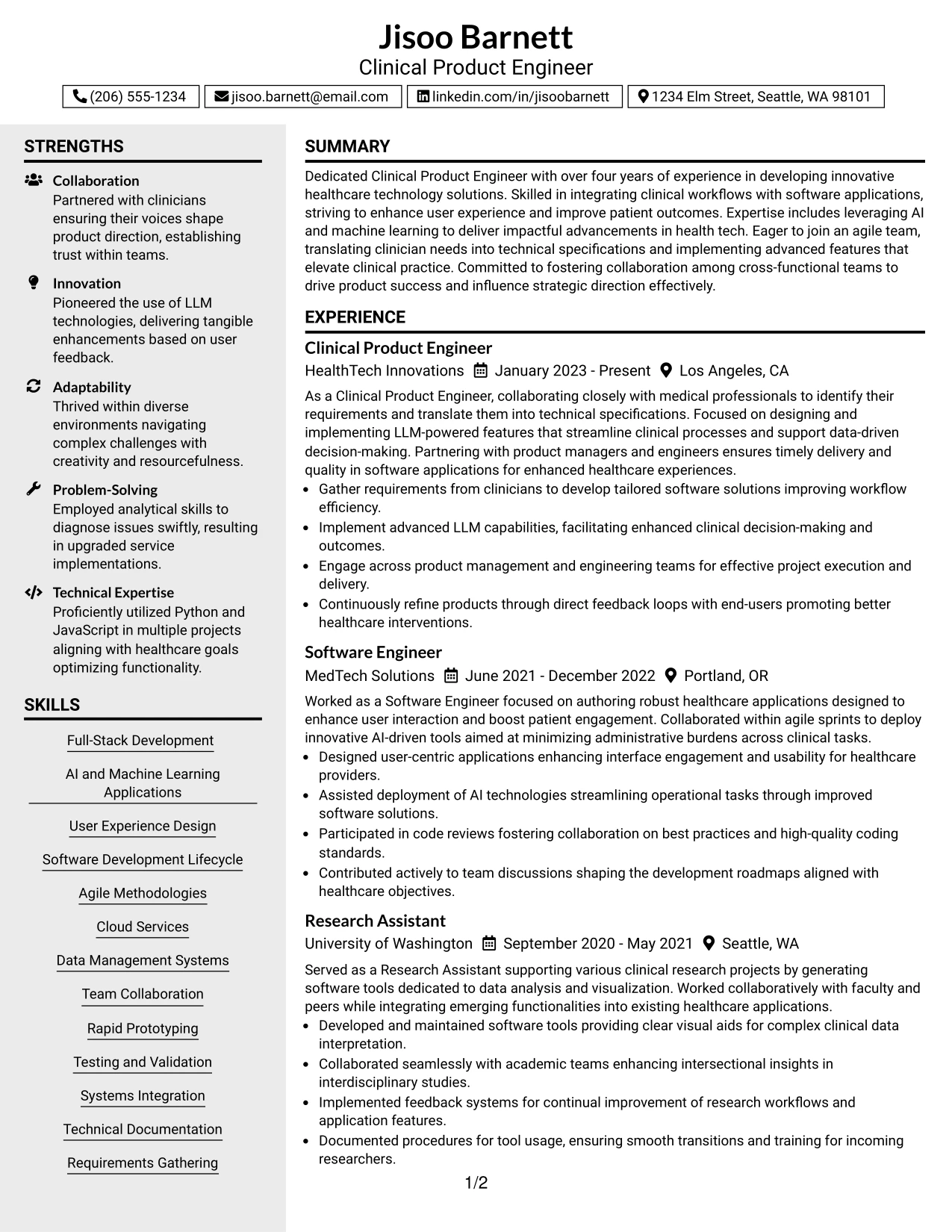 Resume Example Page 1