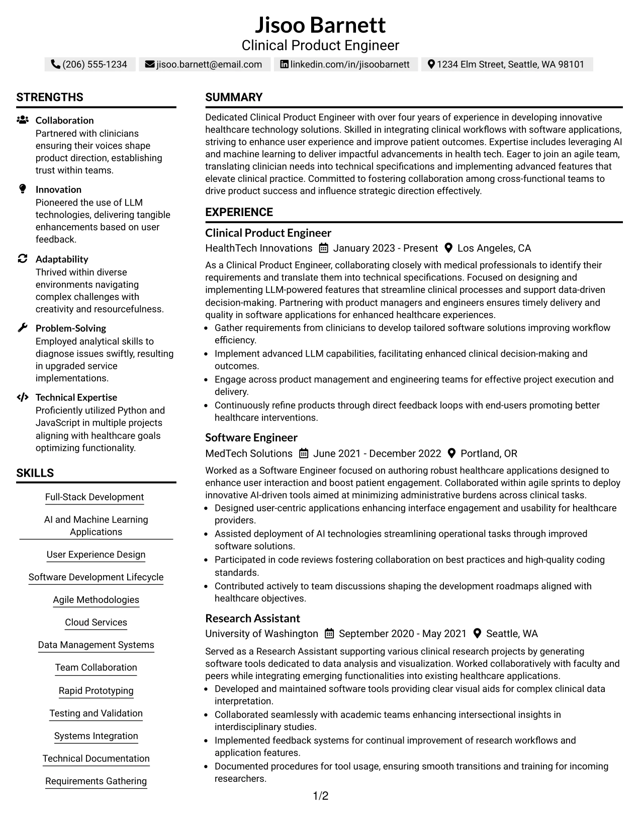 Resume Example Page 1