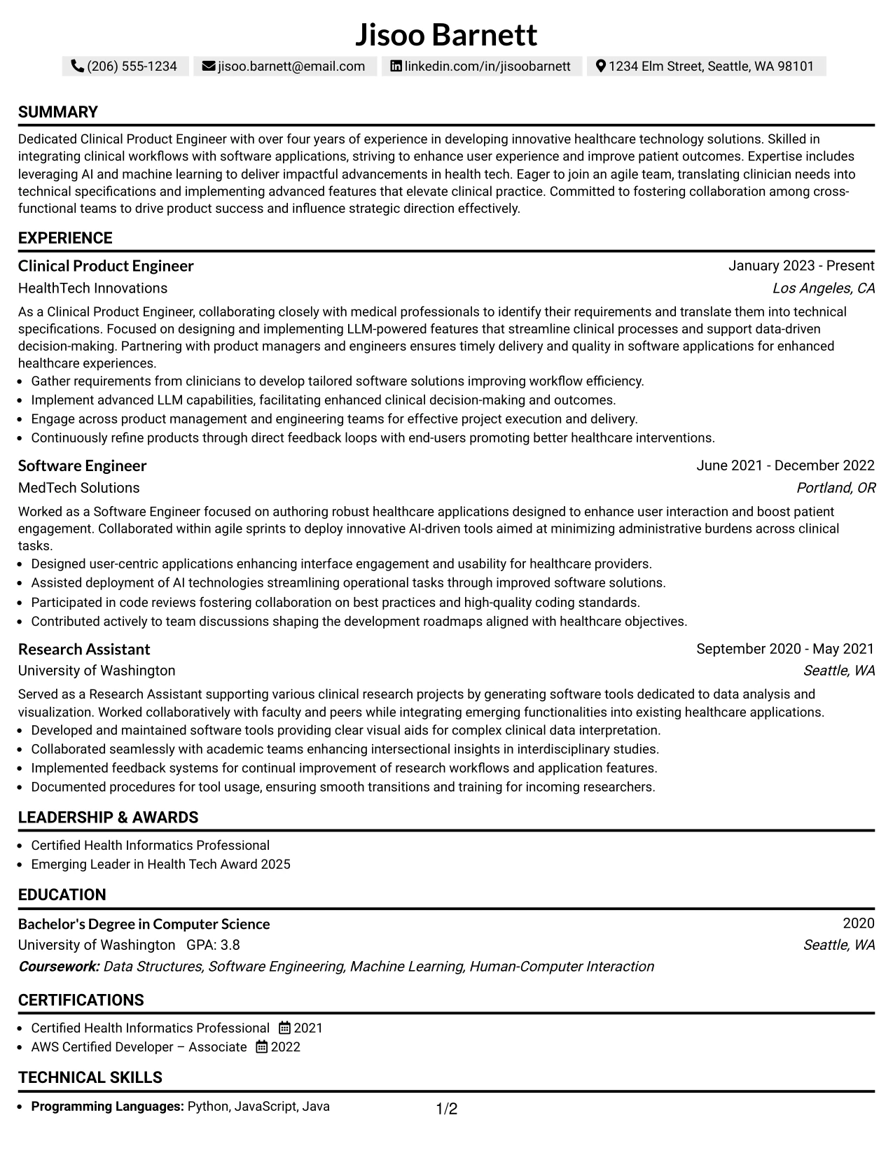 Resume Example Page 1