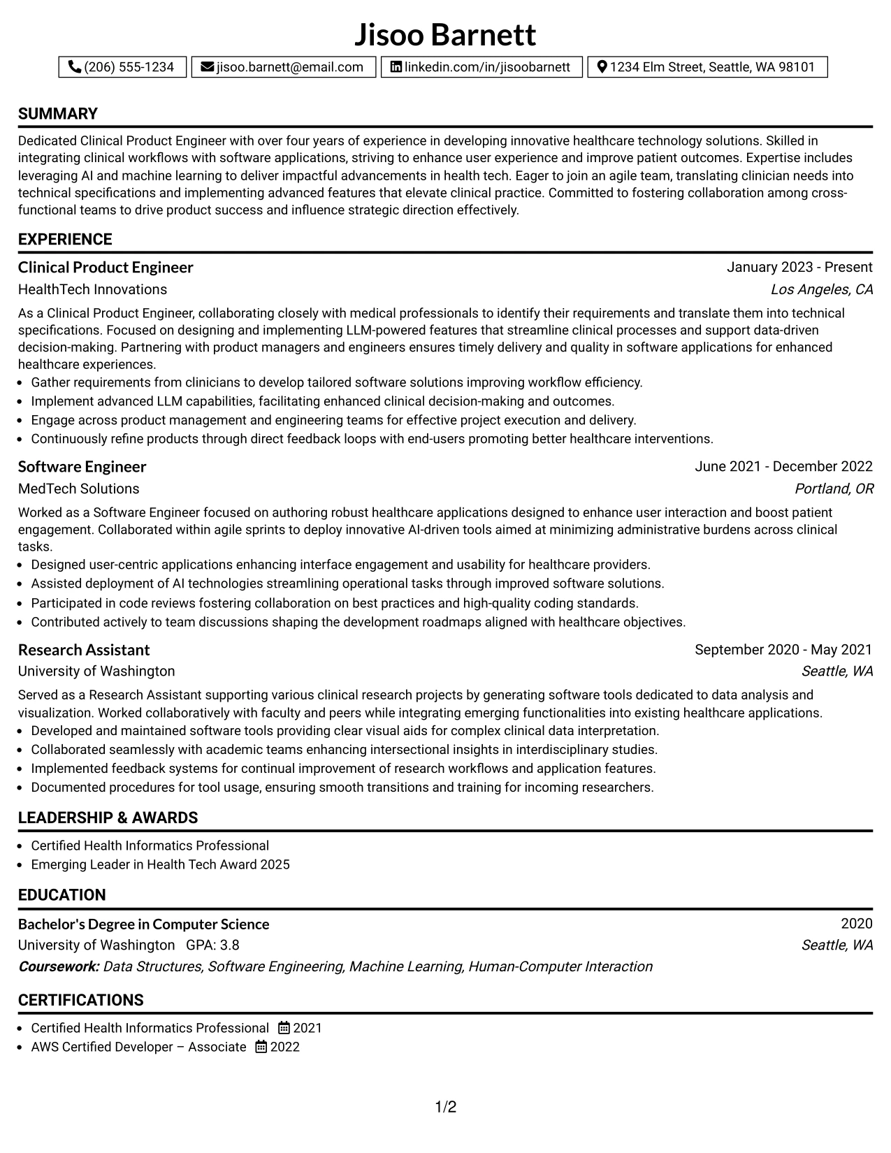 Resume Example Page 1