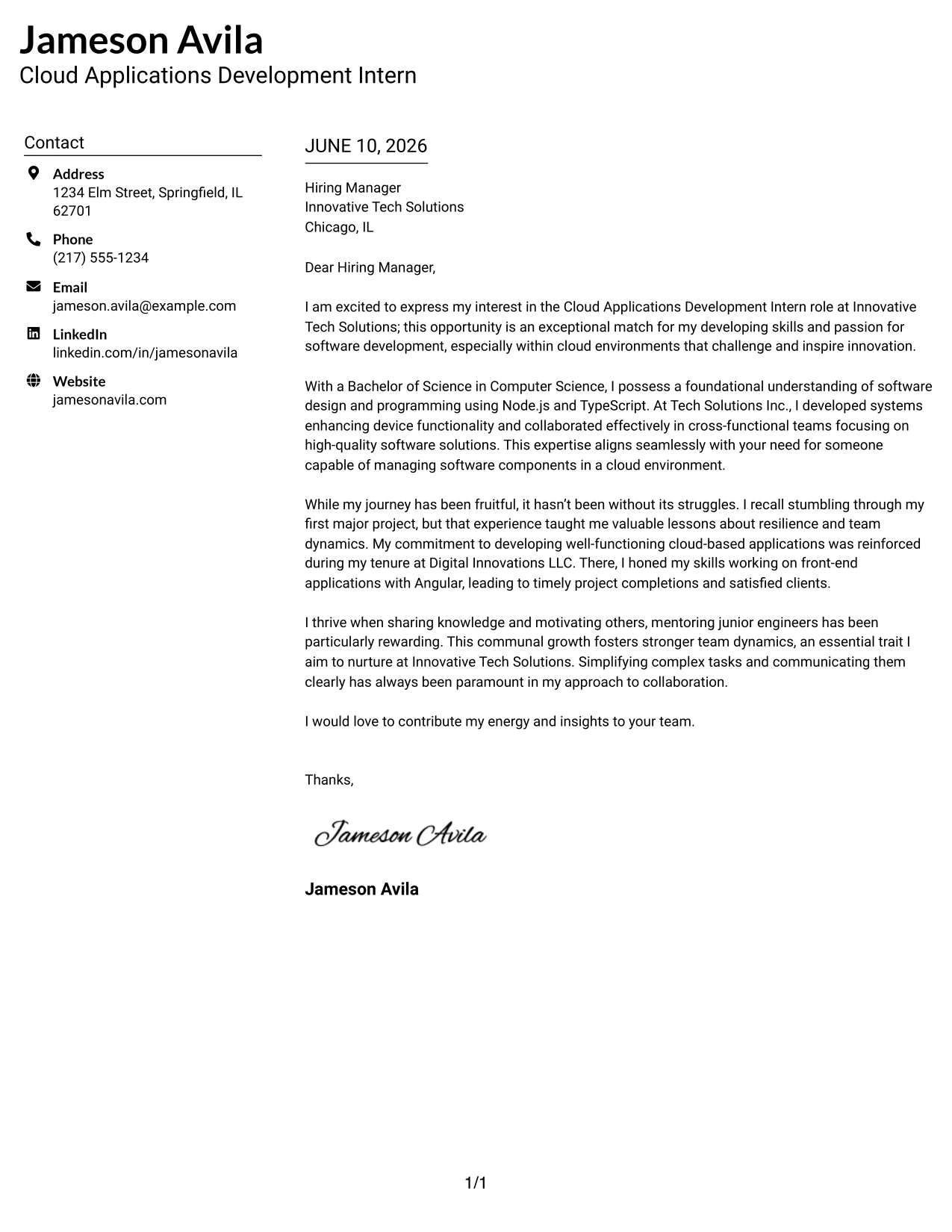 Resume Example Page 1