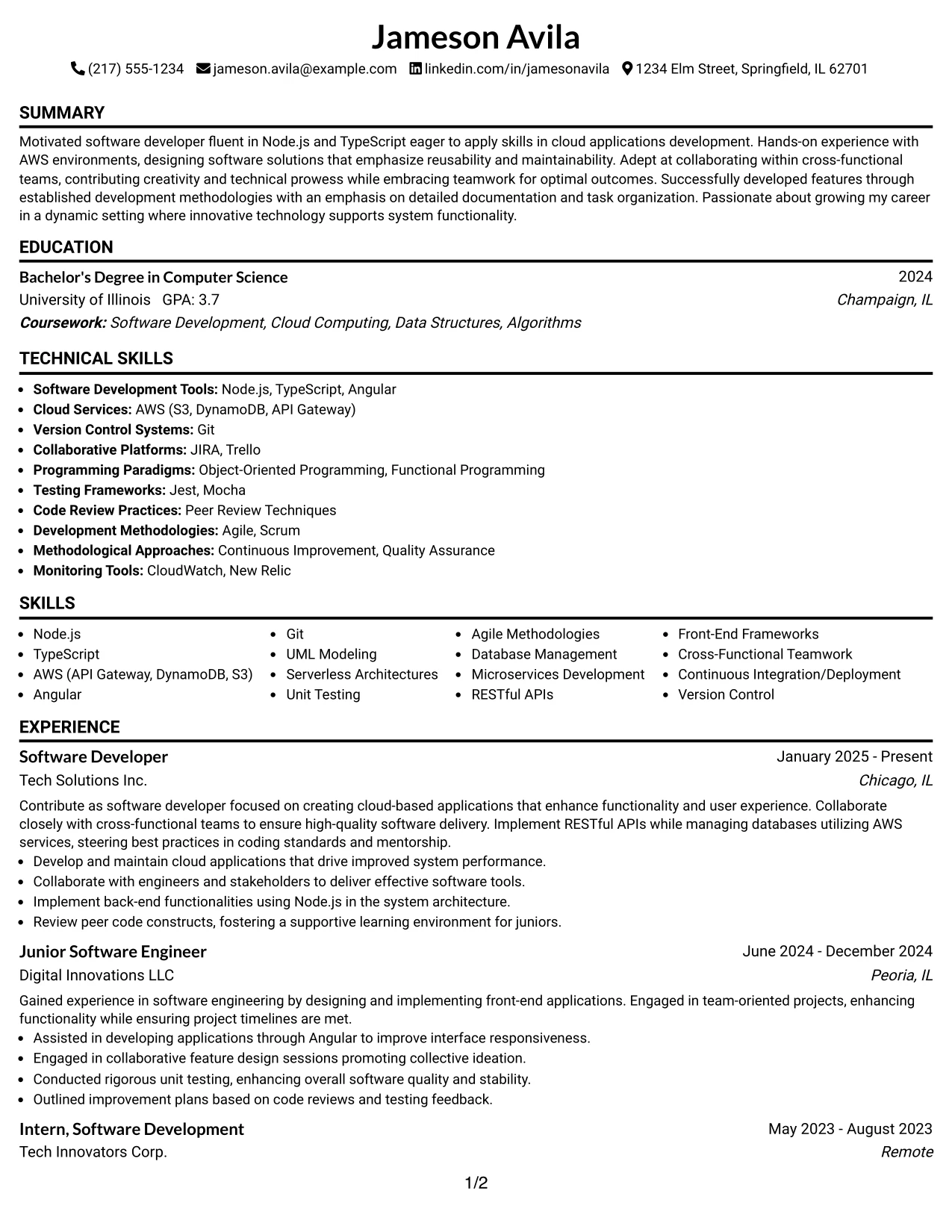 Resume Example Page 1