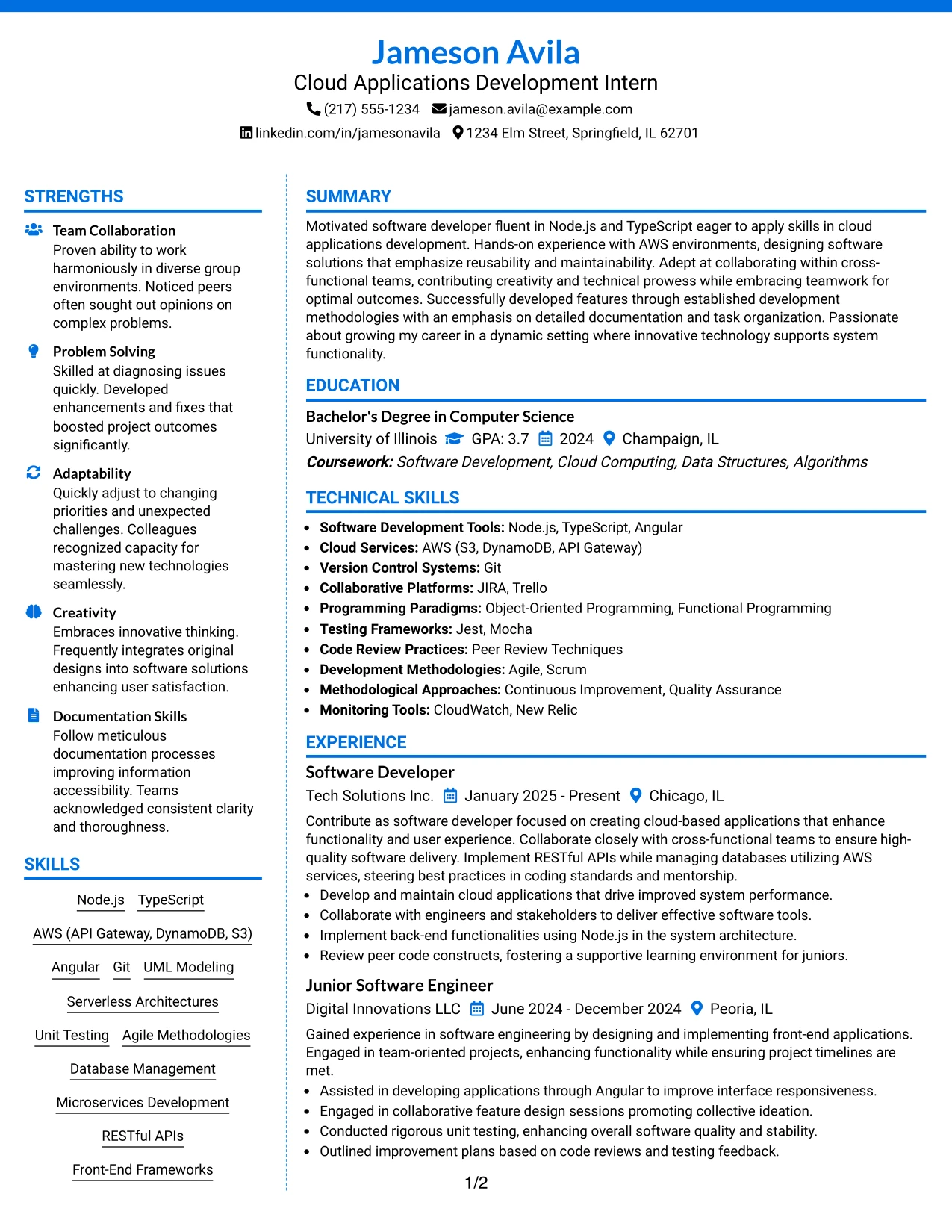 Resume Example Page 1