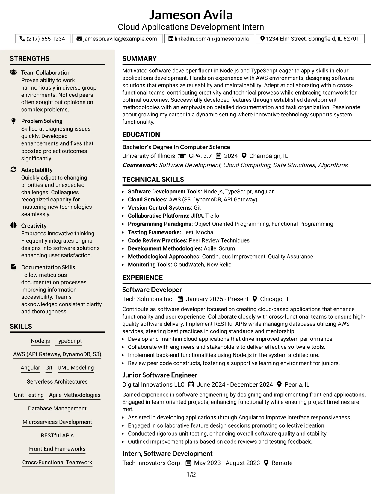 Resume Example Page 1
